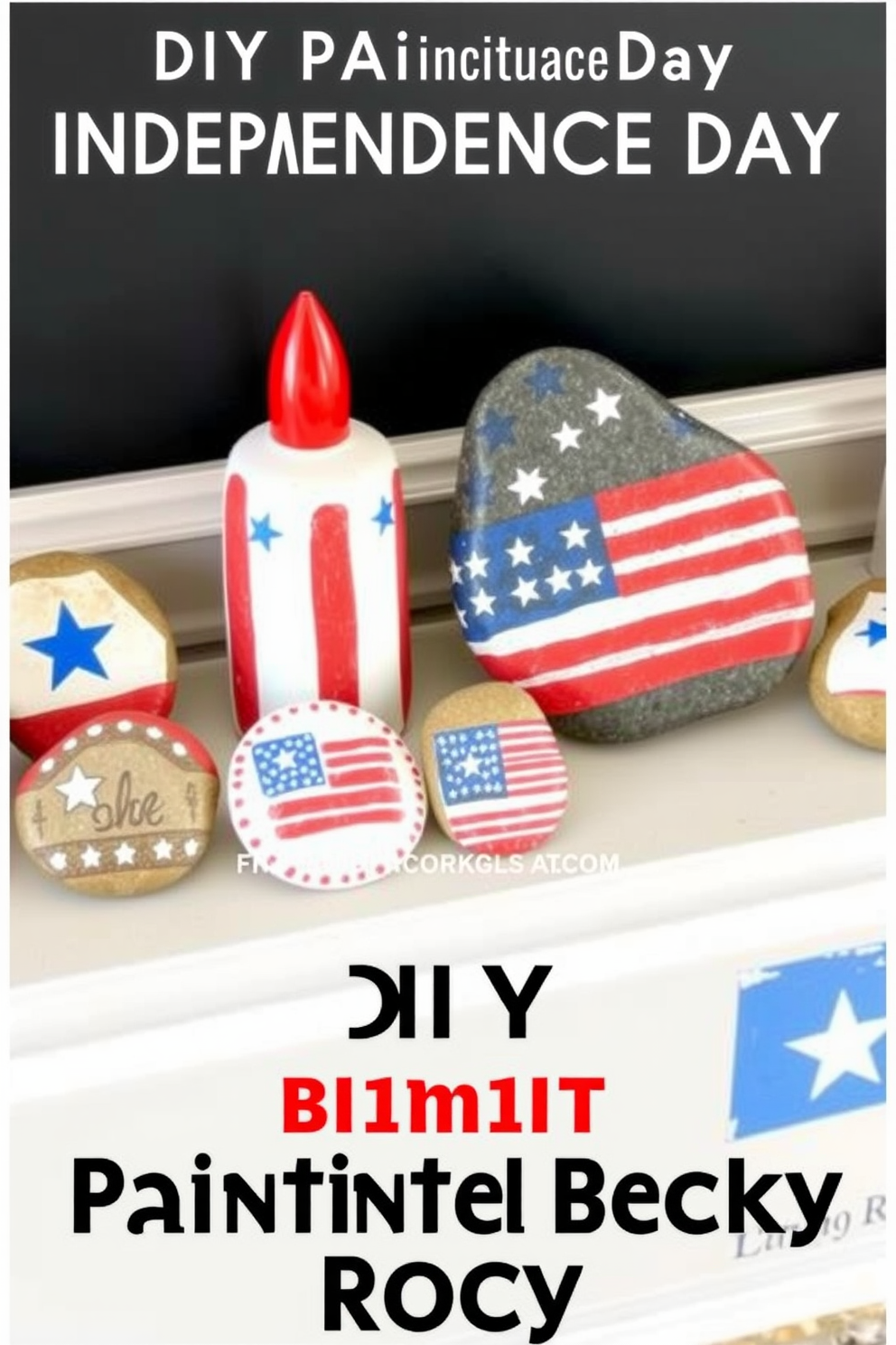 Create a charming mantel display for Independence Day featuring DIY painted rocks adorned with patriotic designs. The rocks should include elements like stars and stripes, American flags, and red white and blue color schemes to evoke a festive atmosphere.