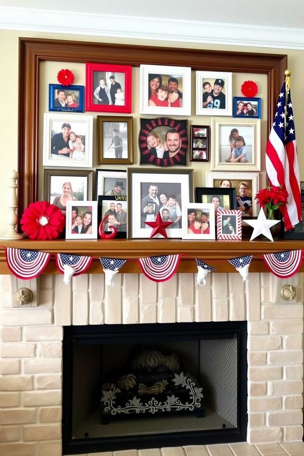 A patriotic themed wall art piece is displayed above the mantel featuring a large American flag in vibrant colors. The mantel is adorned with red white and blue decorations including candles and small festive banners for Independence Day.