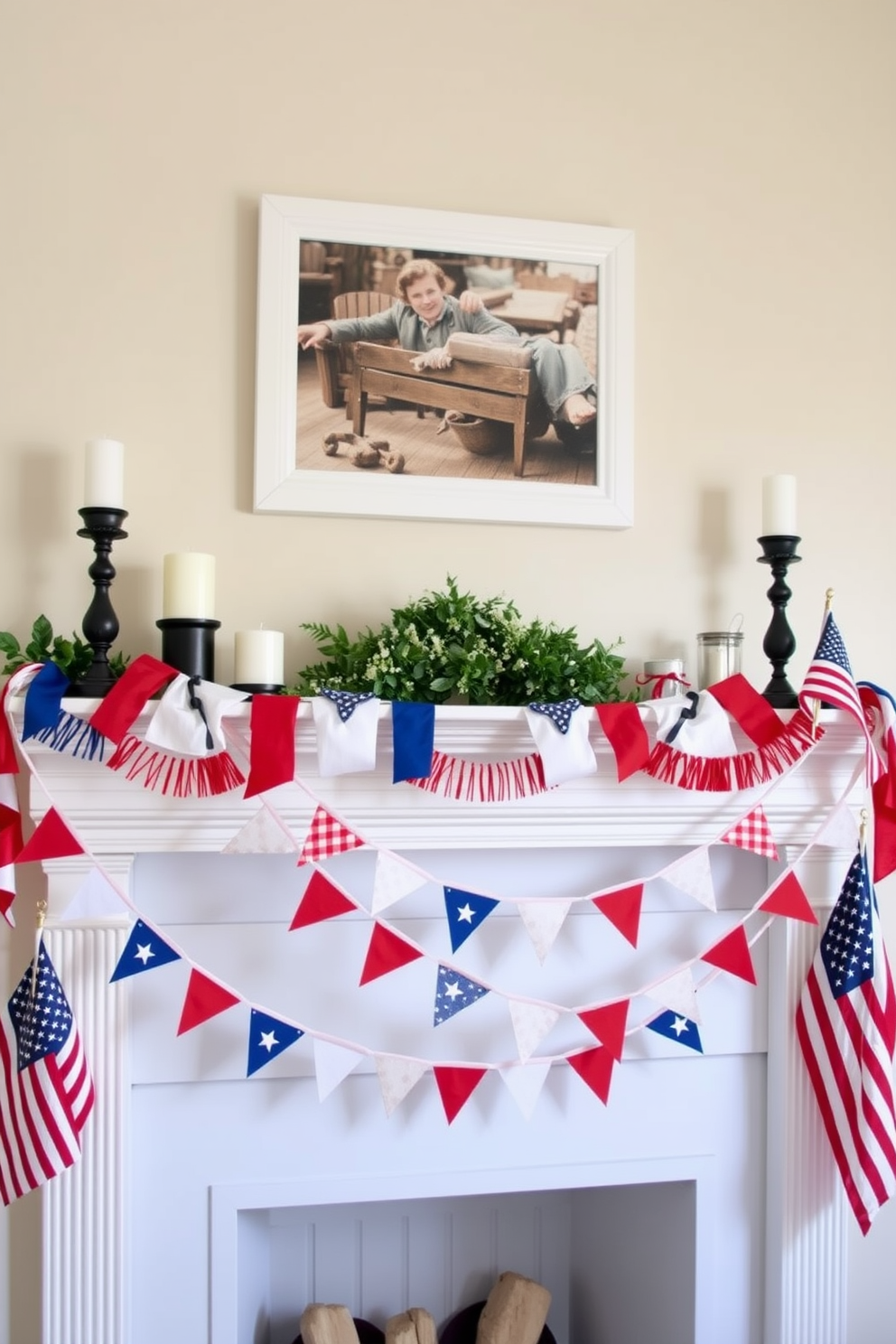 A festive mantel adorned with red white and blue ribbon accents celebrates Independence Day. The ribbons are intertwined with fresh greenery and small American flags, creating a vibrant display that evokes patriotism.