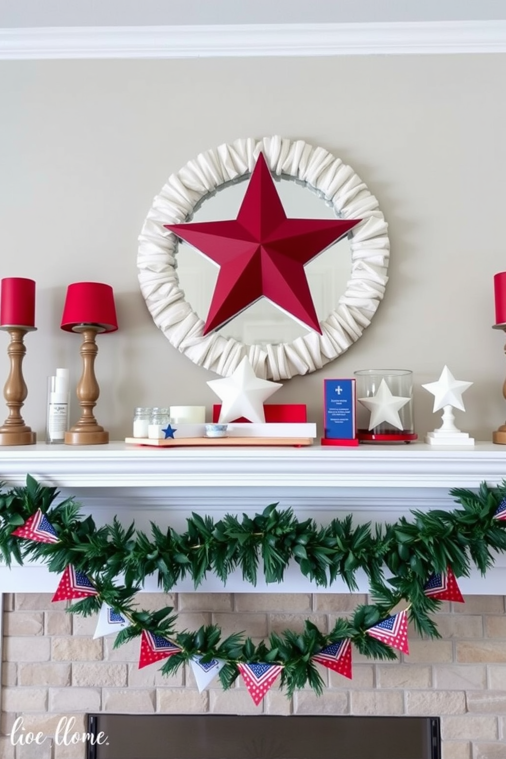 A festive mantel adorned with an arrangement of star-shaped candle holders in various sizes. The candle holders are placed on a rustic wooden mantel, surrounded by red white and blue decorations to celebrate Independence Day.