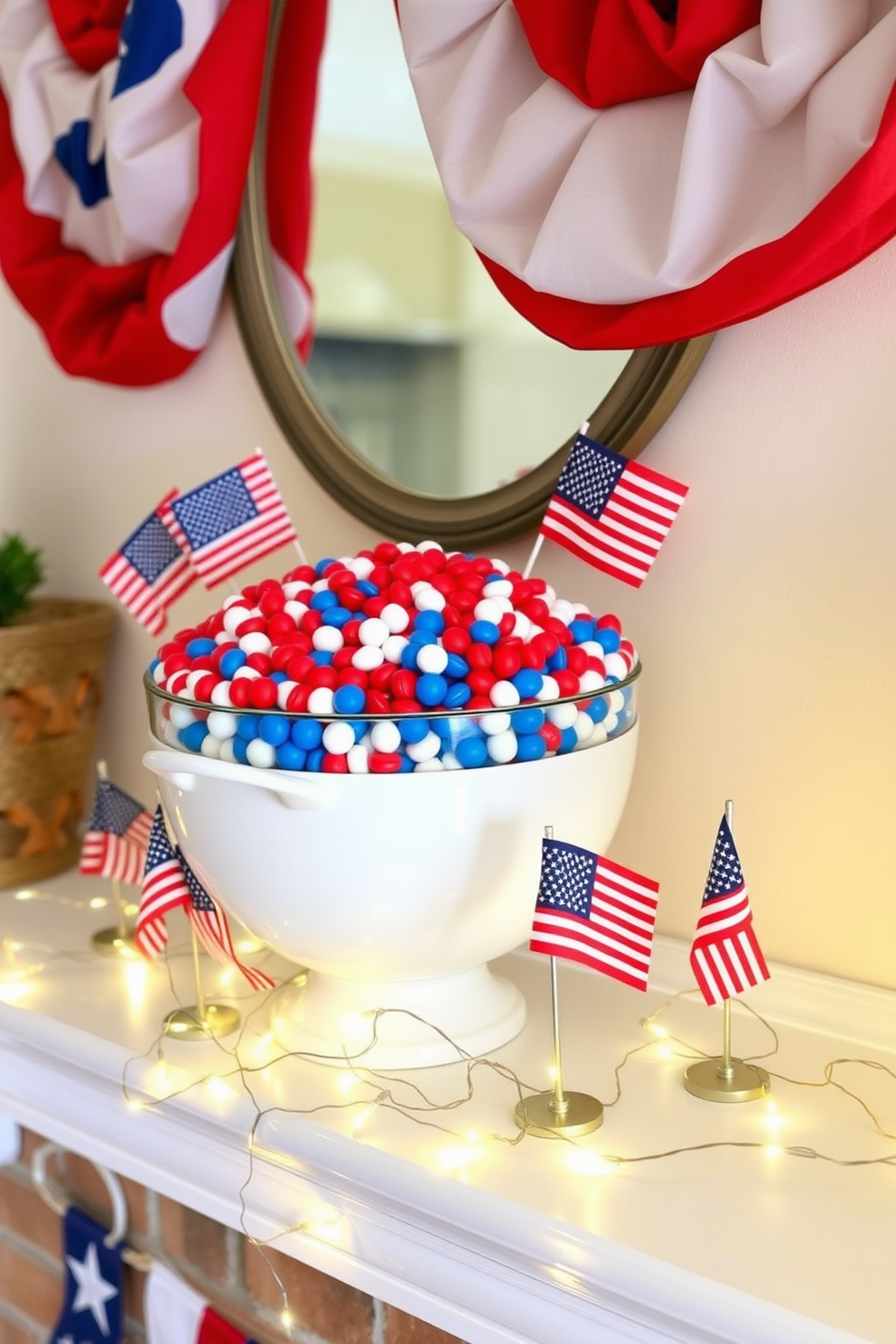 A festive mantel decorated for Independence Day features a large bowl filled with red, white, and blue candies. The bowl is surrounded by small American flags and twinkling fairy lights, creating a cheerful and patriotic atmosphere.