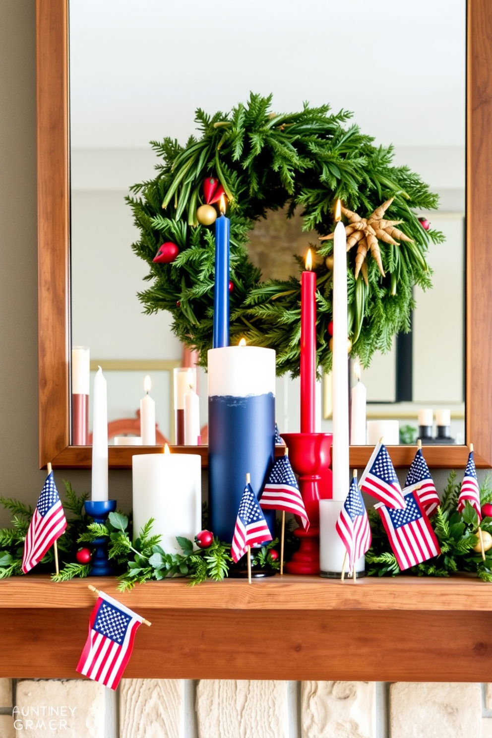 A patriotic themed mantel decorated with candles of varying heights in red white and blue. The candles are arranged artfully on a rustic wooden mantelpiece surrounded by small American flags and seasonal greenery.