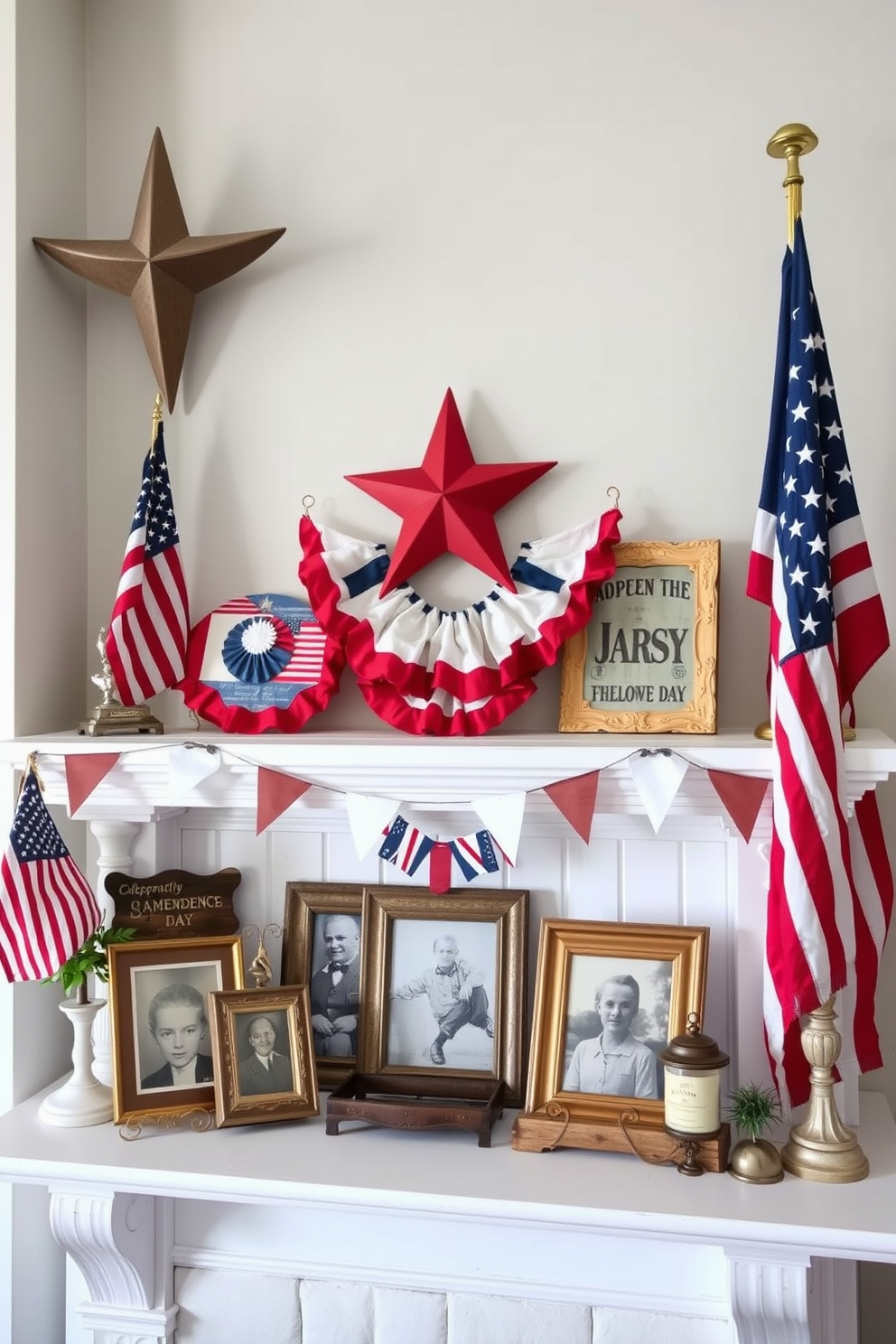 A charming mantel adorned with vintage Americana memorabilia celebrating Independence Day. The display features a mix of antique flags, red white and blue bunting, and nostalgic photographs in rustic frames.