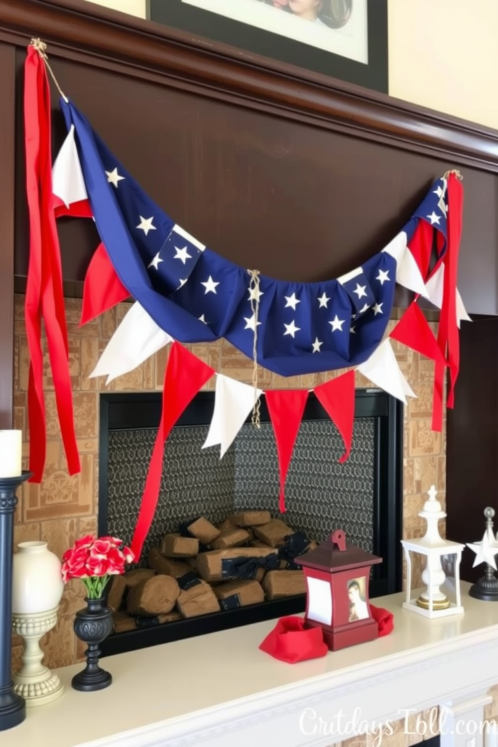 A festive mantel adorned with layered red white and blue fabrics celebrating Independence Day. The vibrant colors create a patriotic atmosphere, complemented by decorative stars and small flags integrated into the fabric arrangement.