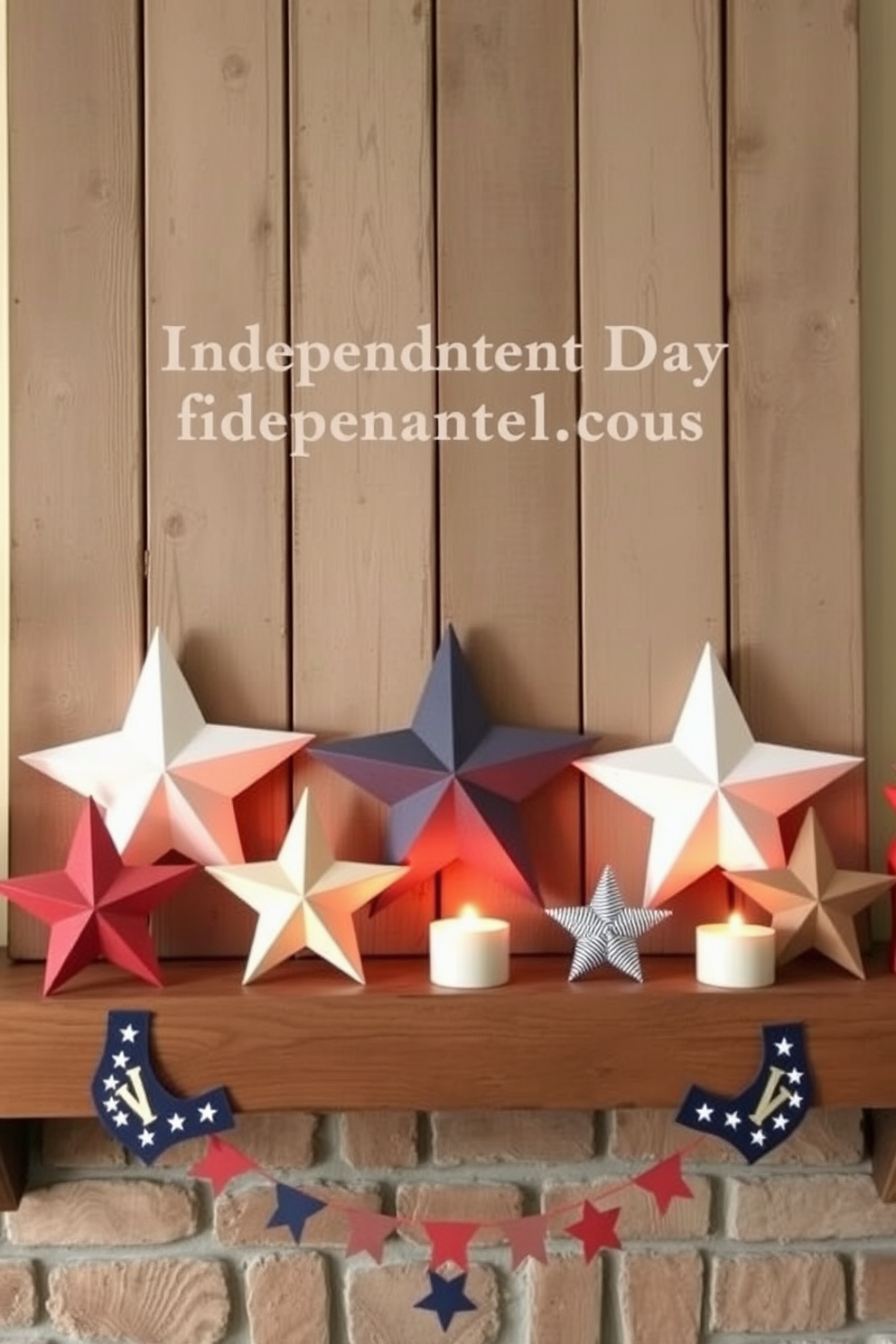 A festive mantel adorned with miniature fireworks decor pieces in vibrant red white and blue hues. The arrangement includes various sizes of fireworks that create a playful and celebratory atmosphere perfect for Independence Day.