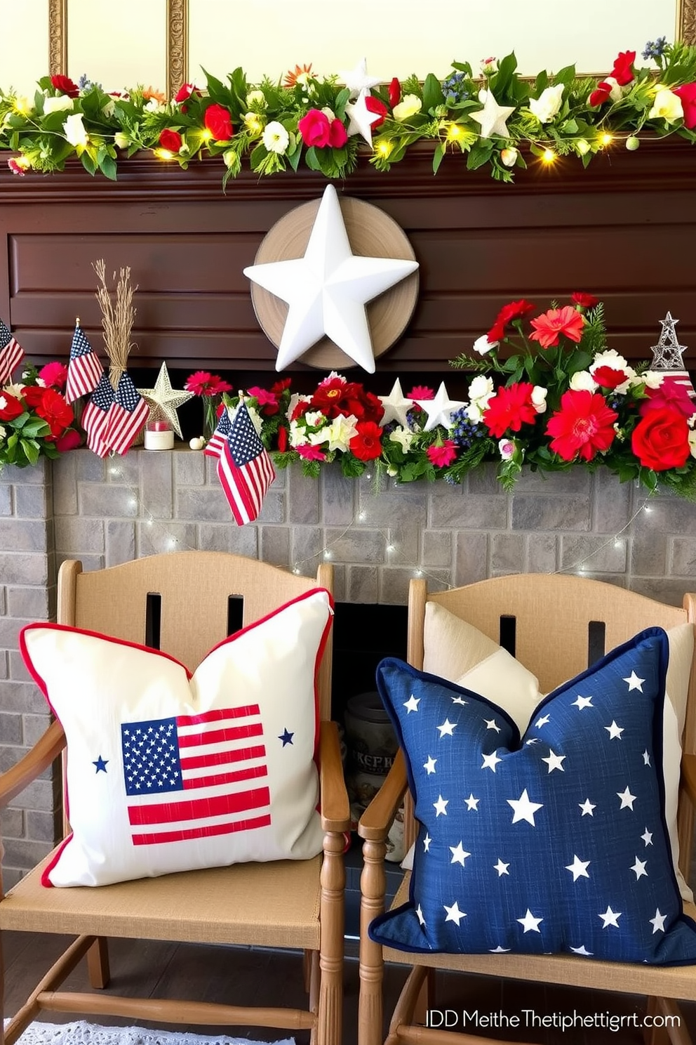 A rustic mantel adorned with wooden blocks spelling out USA creates a warm and inviting atmosphere. The blocks are crafted from reclaimed wood, showcasing natural textures and imperfections that enhance the charm of the decor. Surrounding the blocks are decorative elements like small American flags and seasonal flowers in red, white, and blue. Soft candlelight flickers from mason jars, adding a cozy glow to the Independence Day celebration.