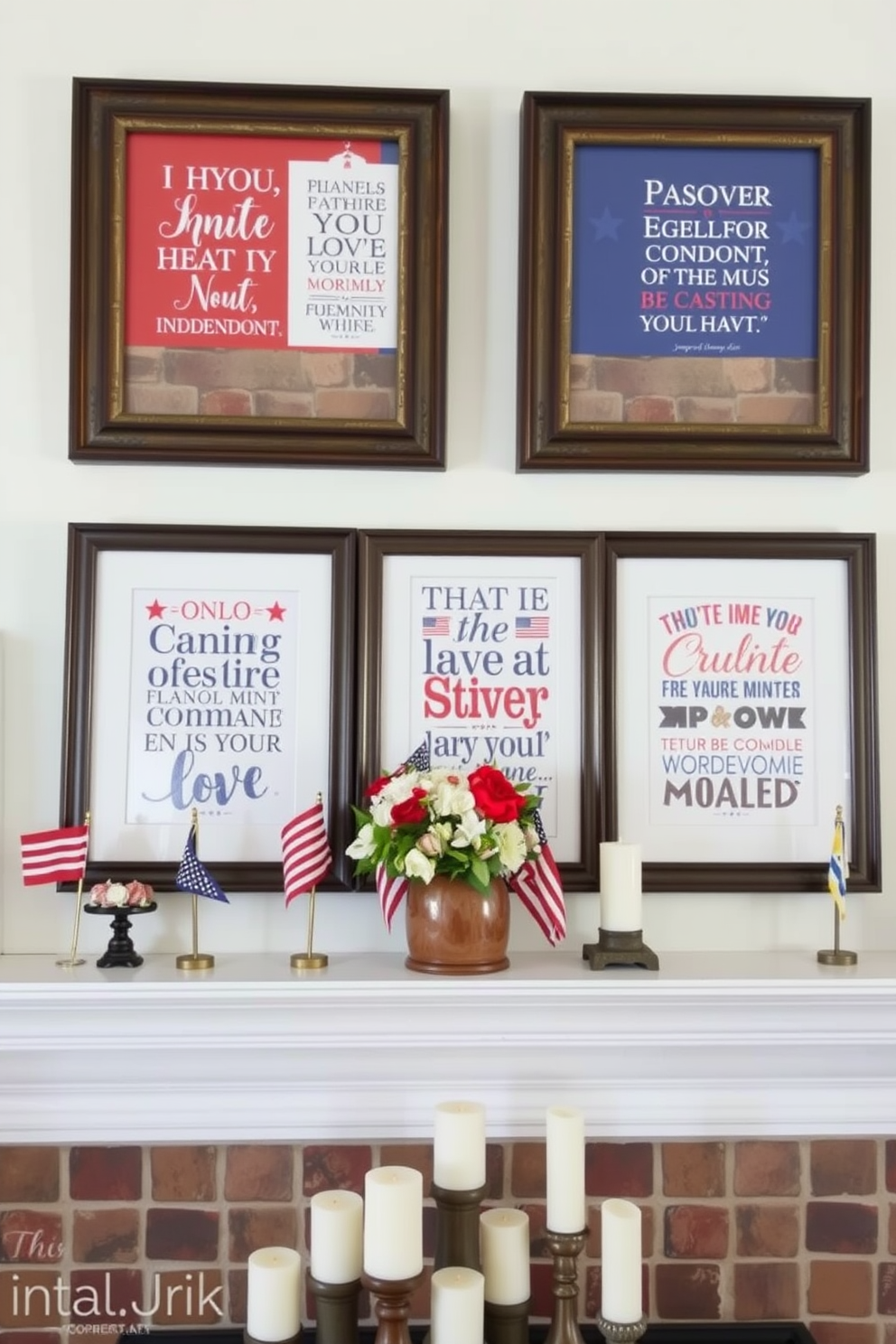 Framed Independence Day quotes art adorns the mantel, featuring a collection of vibrant prints with patriotic colors. The mantel is decorated with red white and blue accents including small flags and seasonal flowers in a rustic vase. The backdrop is a soft white wall that enhances the artwork's brightness. A cozy arrangement of candles in varying heights adds warmth and charm to the festive display.