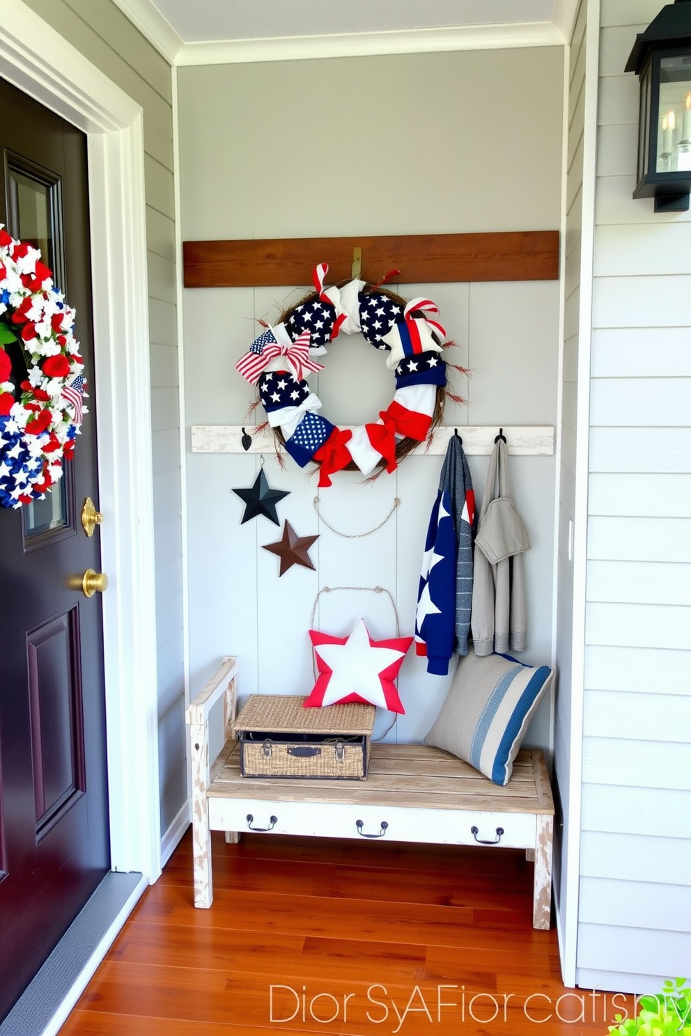 A patriotic wreath is beautifully displayed on the front door, adorned with red white and blue elements that celebrate Independence Day. Inside the mudroom, a charming arrangement of stars and stripes accents the space, with a rustic bench and hooks for hanging jackets and bags.