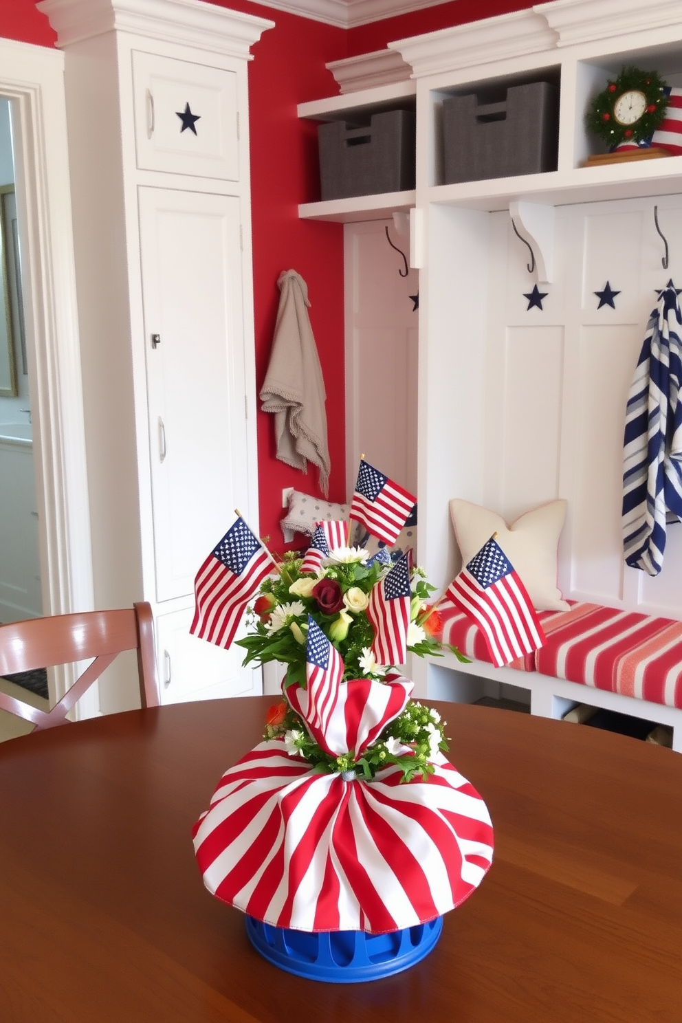 A cozy mudroom featuring benches adorned with stripes and stars throw pillows that celebrate Independence Day. The walls are painted in a soft blue, and a rustic wooden bench provides ample seating while colorful baskets are neatly stored underneath.