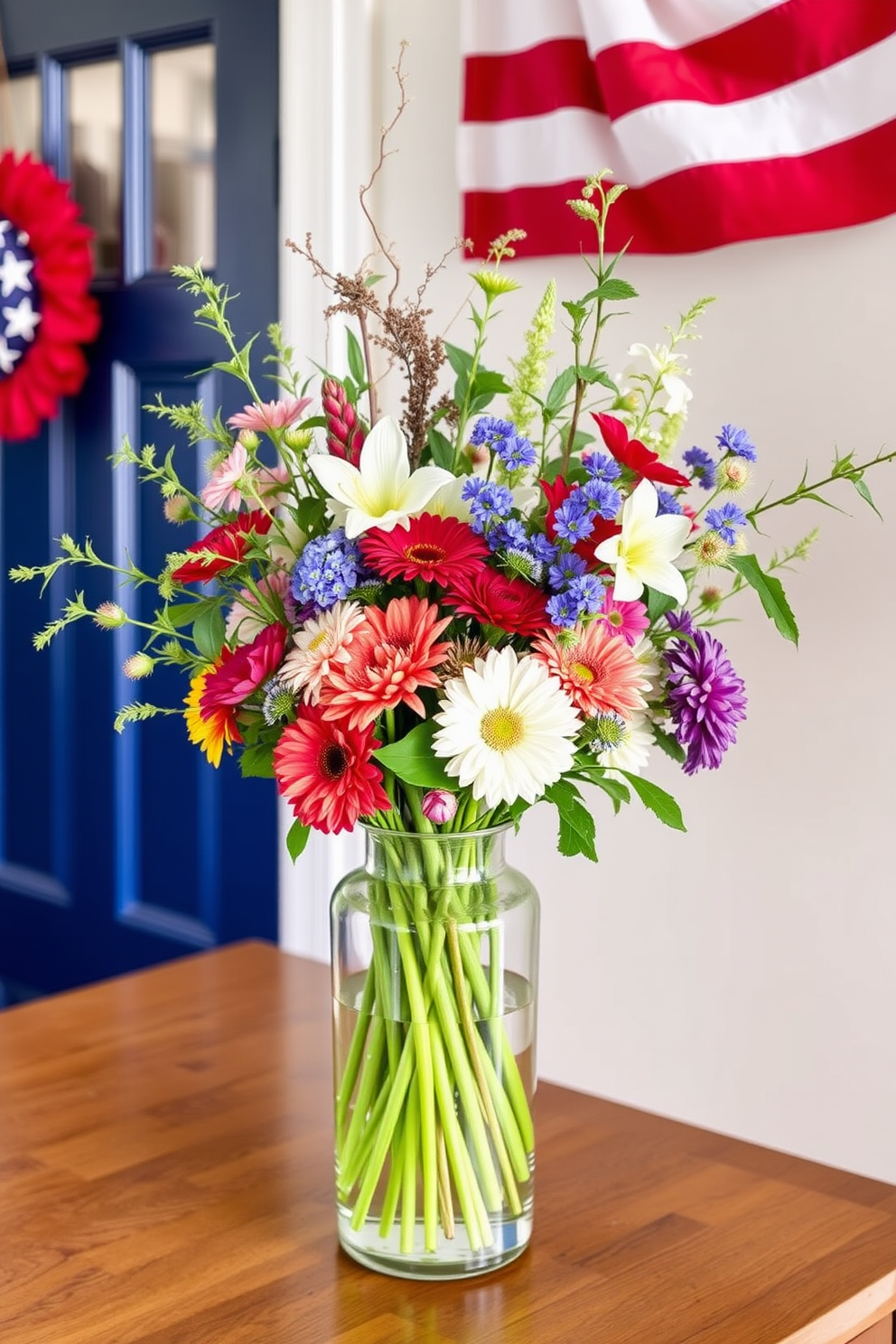 A cozy mudroom with red wooden storage crates neatly arranged for shoes. The crates are adorned with festive Independence Day decorations, including small flags and stars.