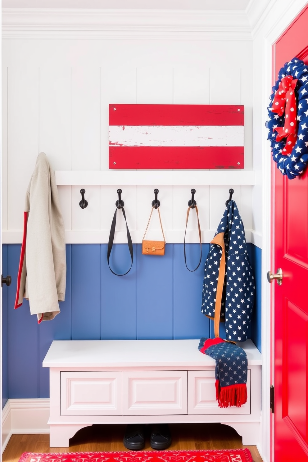 A vibrant mudroom featuring patriotic themed wall decals in red white and blue. The space includes a bench with storage underneath and a colorful rug that complements the festive decor.