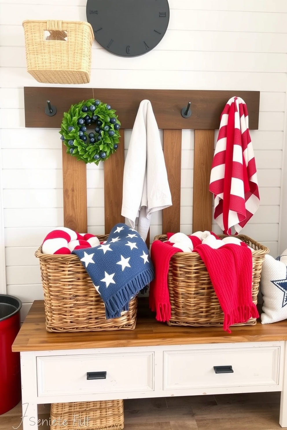 Create a cozy mudroom decorated for Independence Day with patriotic themed storage baskets. The baskets are filled with red white and blue blankets and are placed on a rustic wooden bench against a backdrop of shiplap walls.