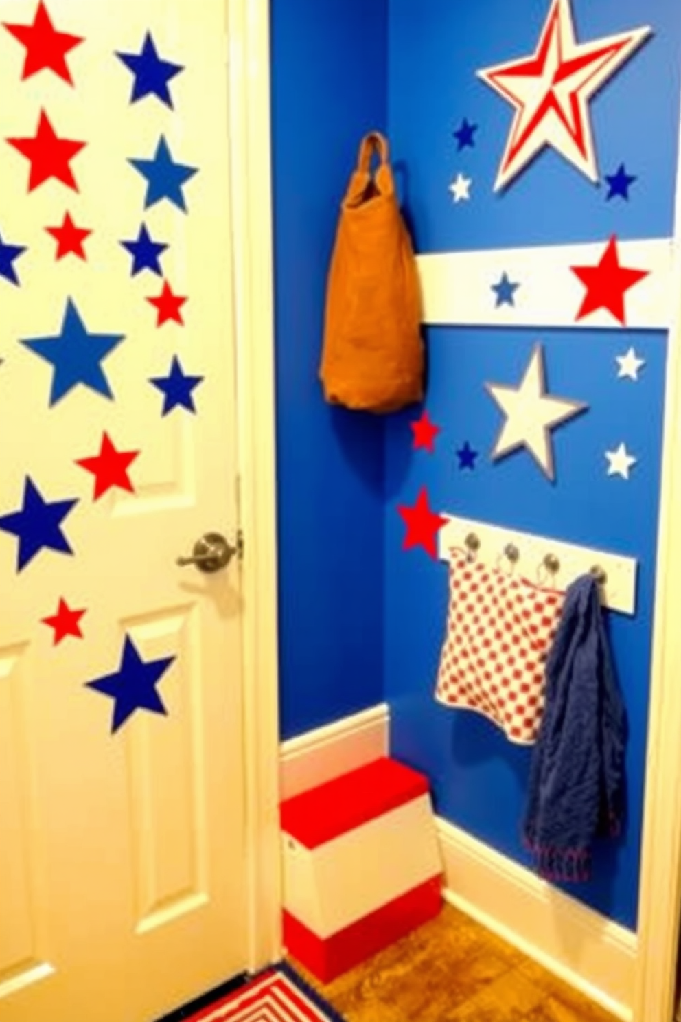 Decorative baskets in vibrant red white and blue colors are arranged neatly in the mudroom. They are filled with seasonal items and placed on a rustic wooden shelf against a backdrop of shiplap walls.