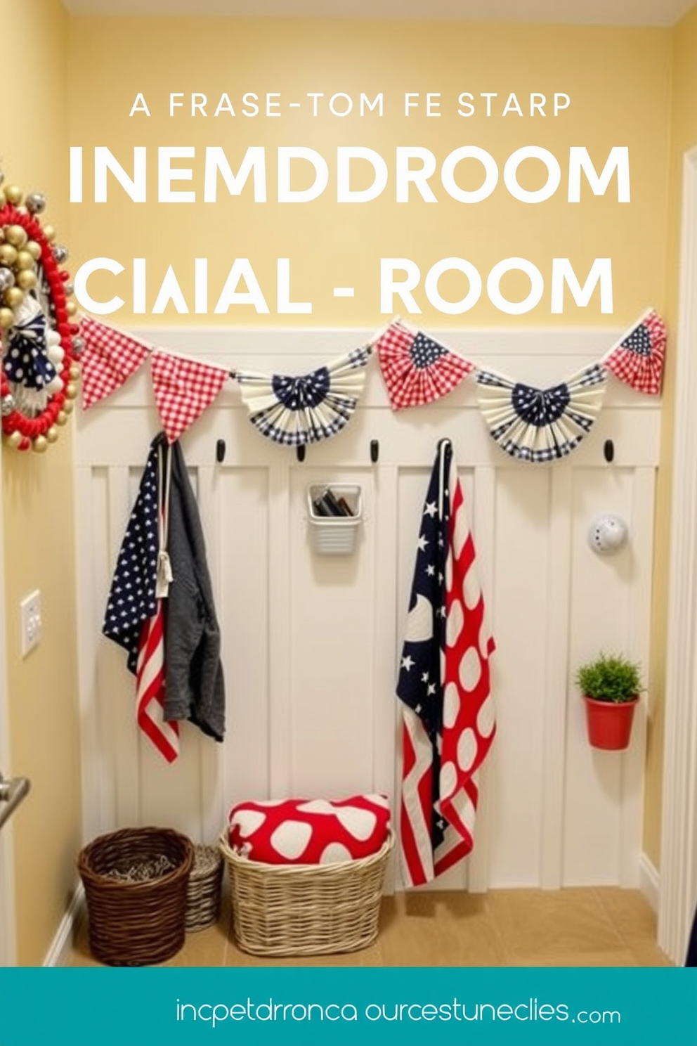 Create a festive mudroom decorated for Independence Day. The walls are adorned with colorful bunting featuring red white and blue patterns creating a cheerful atmosphere.