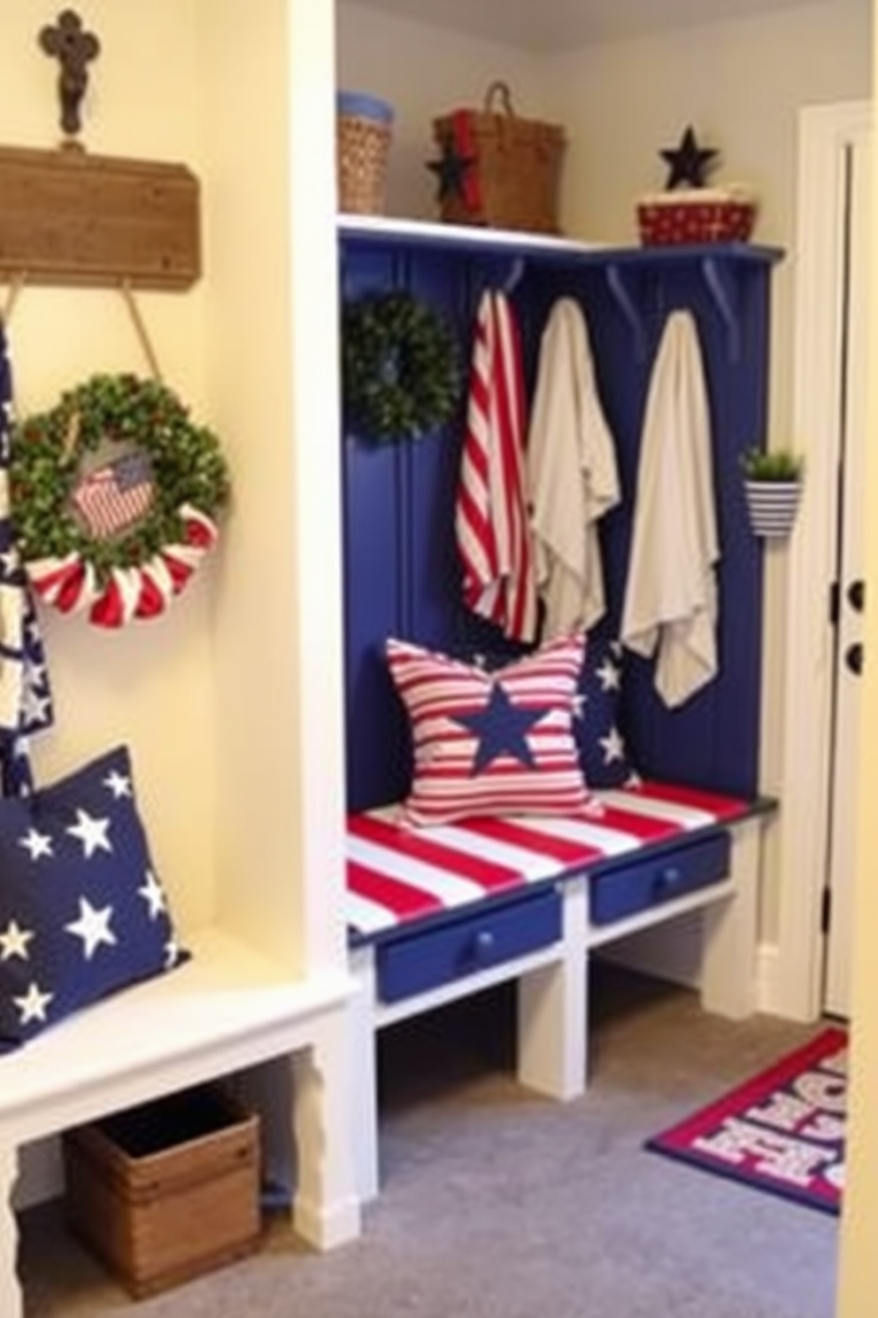 A mudroom decorated for Independence Day features furniture painted in the colors of the American flag. The space includes a bench with red and white stripes and blue accents, complemented by decorative pillows with stars.