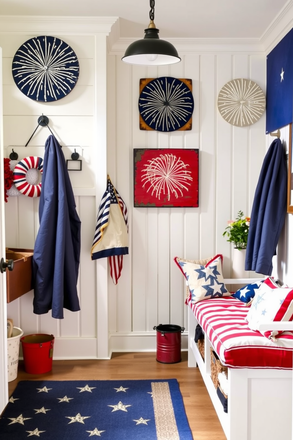 A patriotic themed mudroom features artwork displayed on shelves that celebrate Independence Day. The walls are painted in a soft blue hue, and the shelves are adorned with red, white, and blue decorations, creating a festive atmosphere.