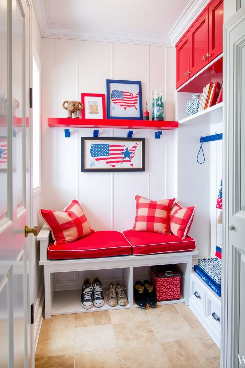 A vibrant mudroom decorated in a red white and blue color scheme. The walls are painted a crisp white while the cabinetry features a bold red finish and blue accents throughout the decor. A large bench with red cushions provides seating and storage underneath for shoes. Patriotic artwork and decorative items are displayed on the shelves, creating a festive atmosphere for Independence Day.