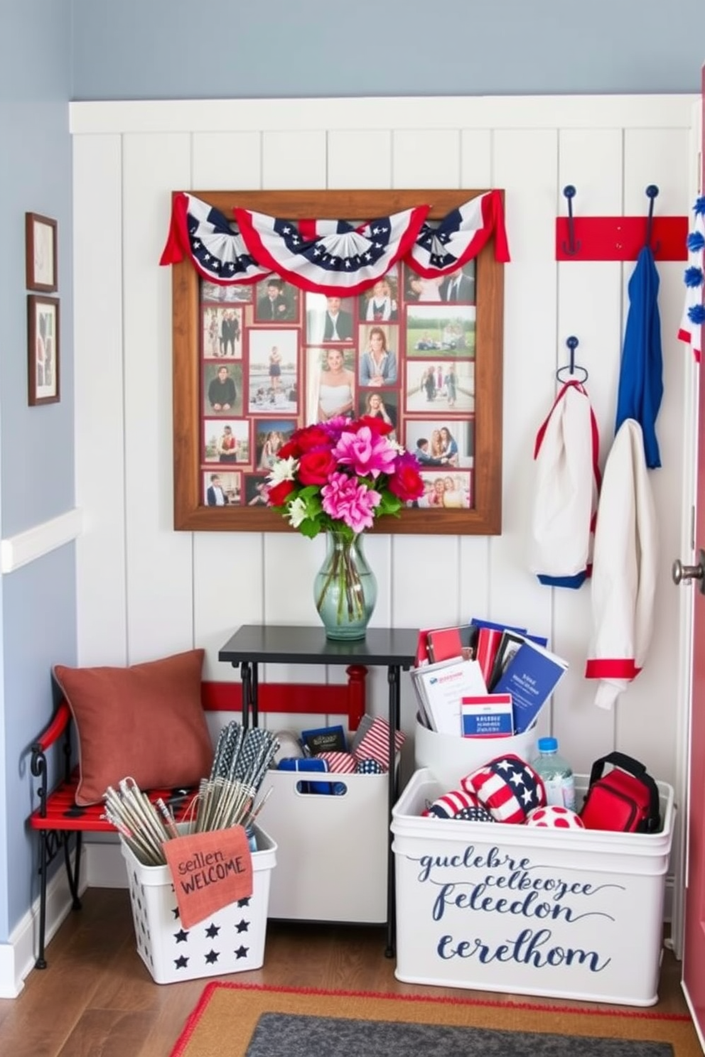 A festive Independence Day photo display area features a large wooden frame decorated with red white and blue bunting. Inside the frame are a collection of family photos showcasing past celebrations along with a small table underneath holding a vase of fresh flowers in patriotic colors. The Independence Day mudroom is adorned with cheerful decorations including a red bench and blue wall hooks. A white storage bin filled with sparklers and festive accessories sits next to a welcome mat that reads celebrate freedom.