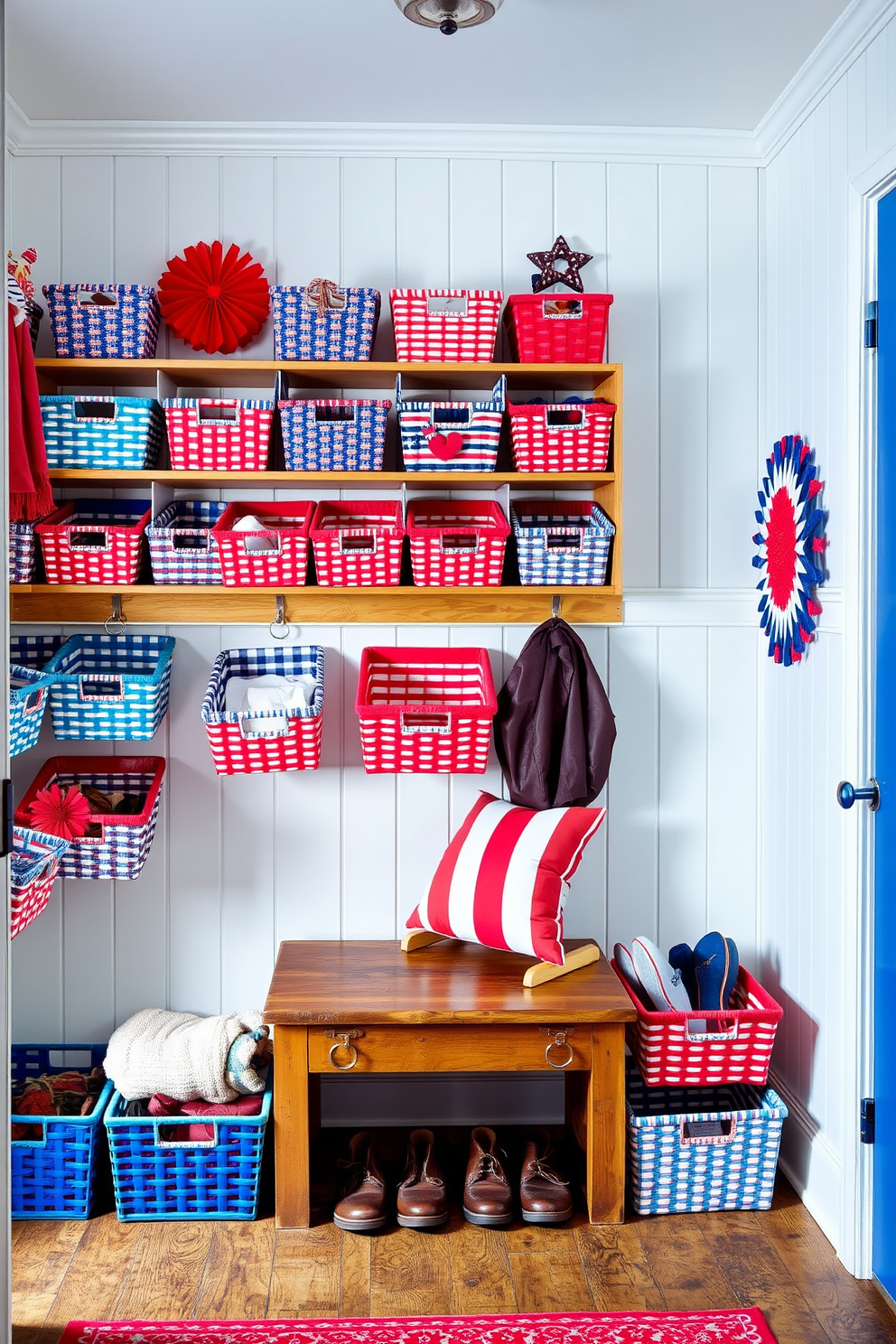 A vibrant mudroom filled with colorful baskets for shoe storage. Each basket is uniquely patterned and arranged neatly on a wooden shelf, adding a festive touch to the space. The walls are adorned with red, white, and blue decorations to celebrate Independence Day. A rustic bench sits in the center, inviting guests to sit while they remove their shoes.