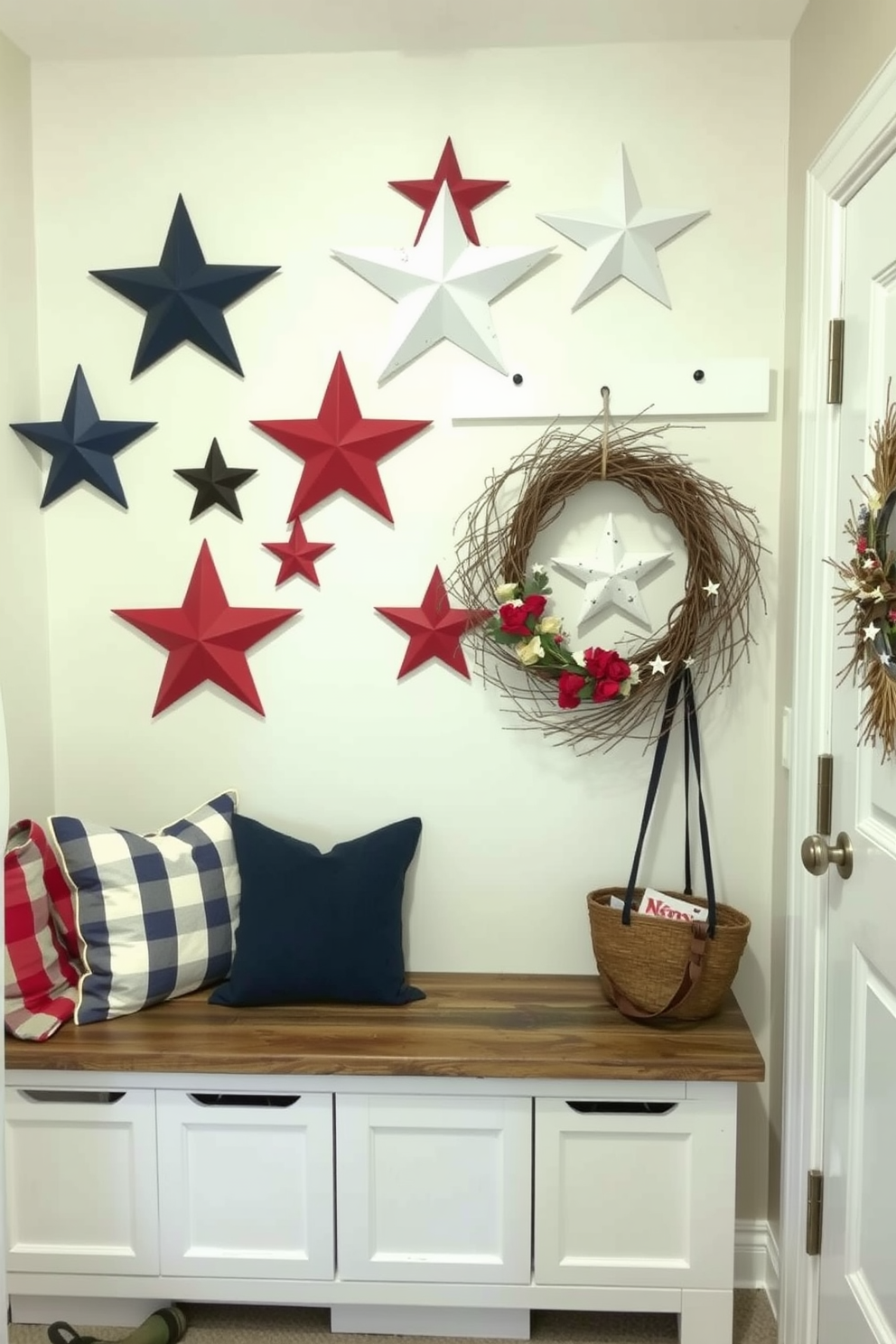 A rustic wooden ladder leans against the wall in the mudroom, adorned with neatly hung towels and seasonal decor. Red, white, and blue accents celebrate Independence Day, creating a festive and welcoming atmosphere.