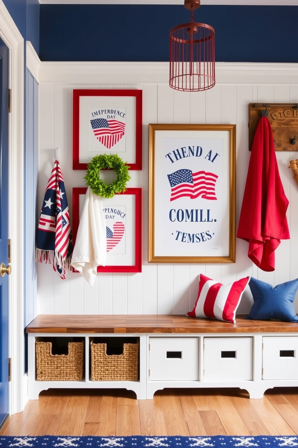 A patriotic themed mudroom is adorned with vibrant red white and blue decor. Framed art prints celebrating Independence Day hang on the walls alongside a rustic wooden bench and storage cubbies.