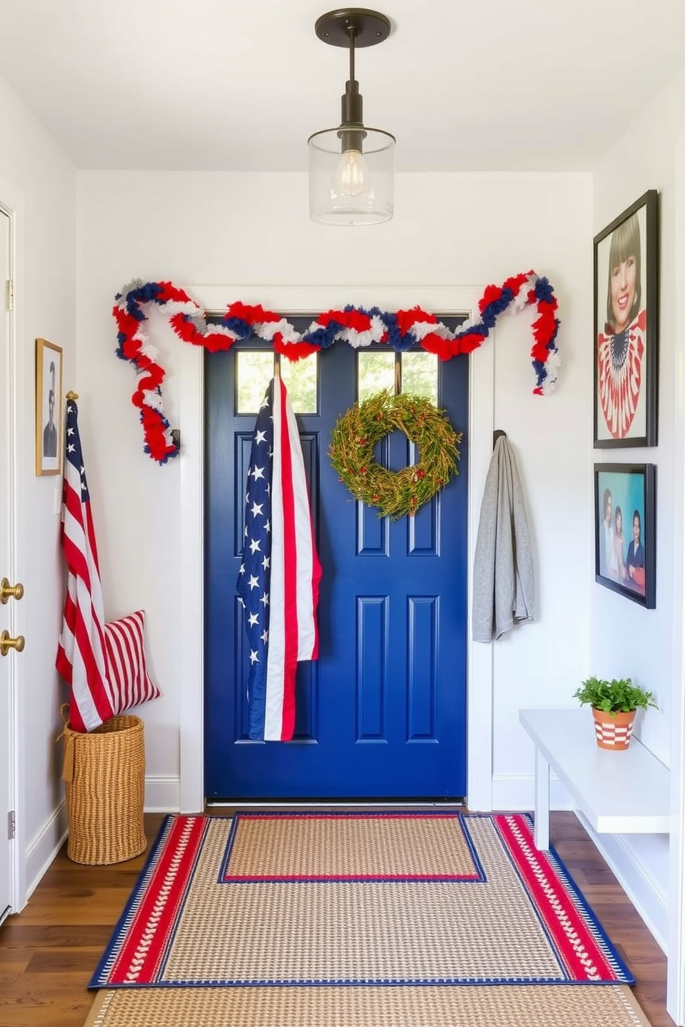 A vibrant mudroom decorated for Independence Day features a red white and blue garland draped across the top of the entryway. The walls are adorned with patriotic-themed artwork and the floor is covered with a durable woven rug in coordinating colors.