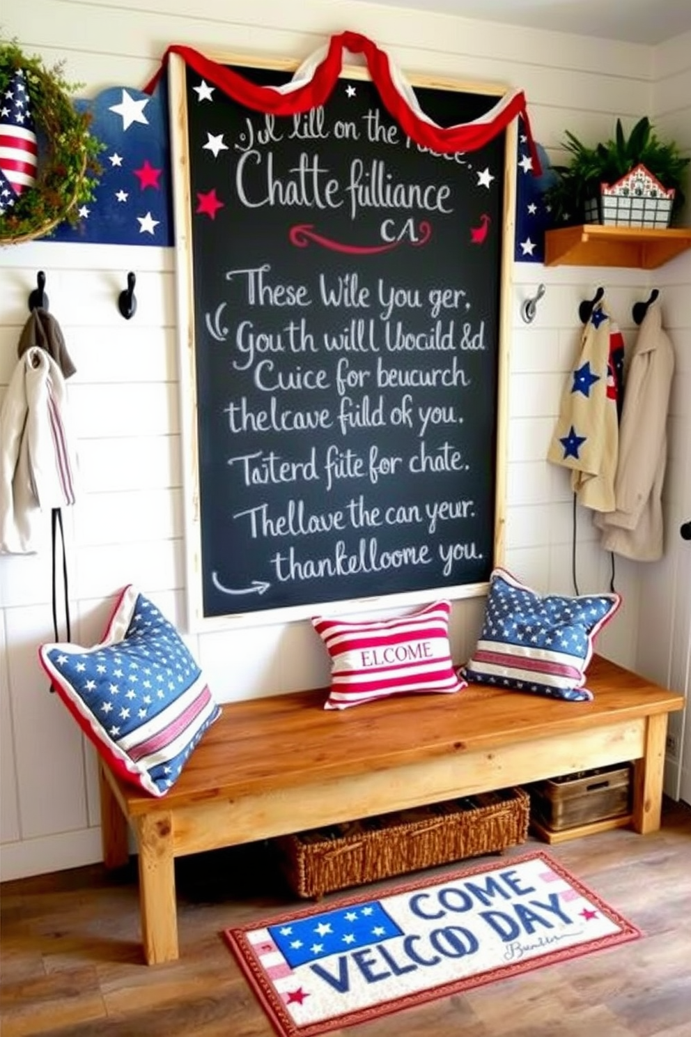 A themed chalkboard for messages features a vibrant red, white, and blue color scheme. It is adorned with stars and stripes, creating a festive atmosphere for Independence Day. The mudroom is designed with a rustic charm, incorporating wooden hooks for coats and a bench for seating. Decorative elements include patriotic pillows and a welcome mat that celebrates the spirit of the holiday.