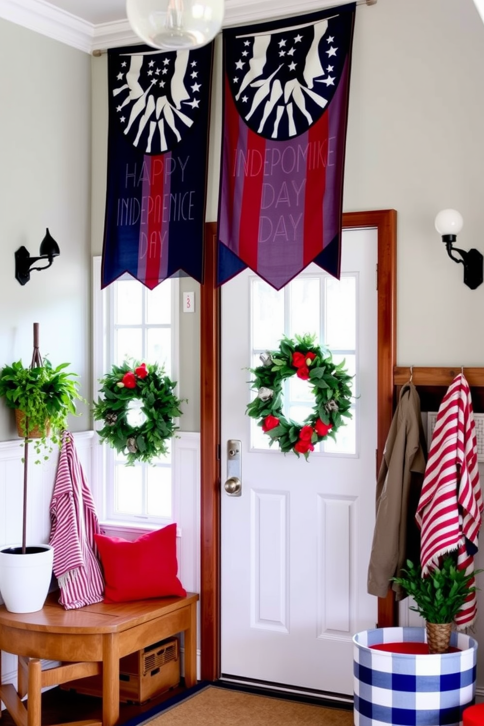 A welcoming mudroom features seasonal banners celebrating Independence Day, hanging gracefully above the entrance. The space is adorned with red, white, and blue accents, creating a festive atmosphere that invites guests in.