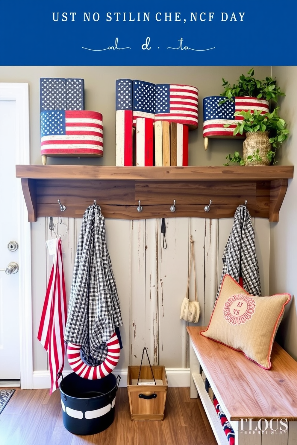 Decorative wooden flags are artfully arranged on rustic shelves, adding a festive touch to the space. The mudroom features a blend of functionality and style, with hooks for coats and a bench for convenience, all adorned with red, white, and blue accents to celebrate Independence Day.