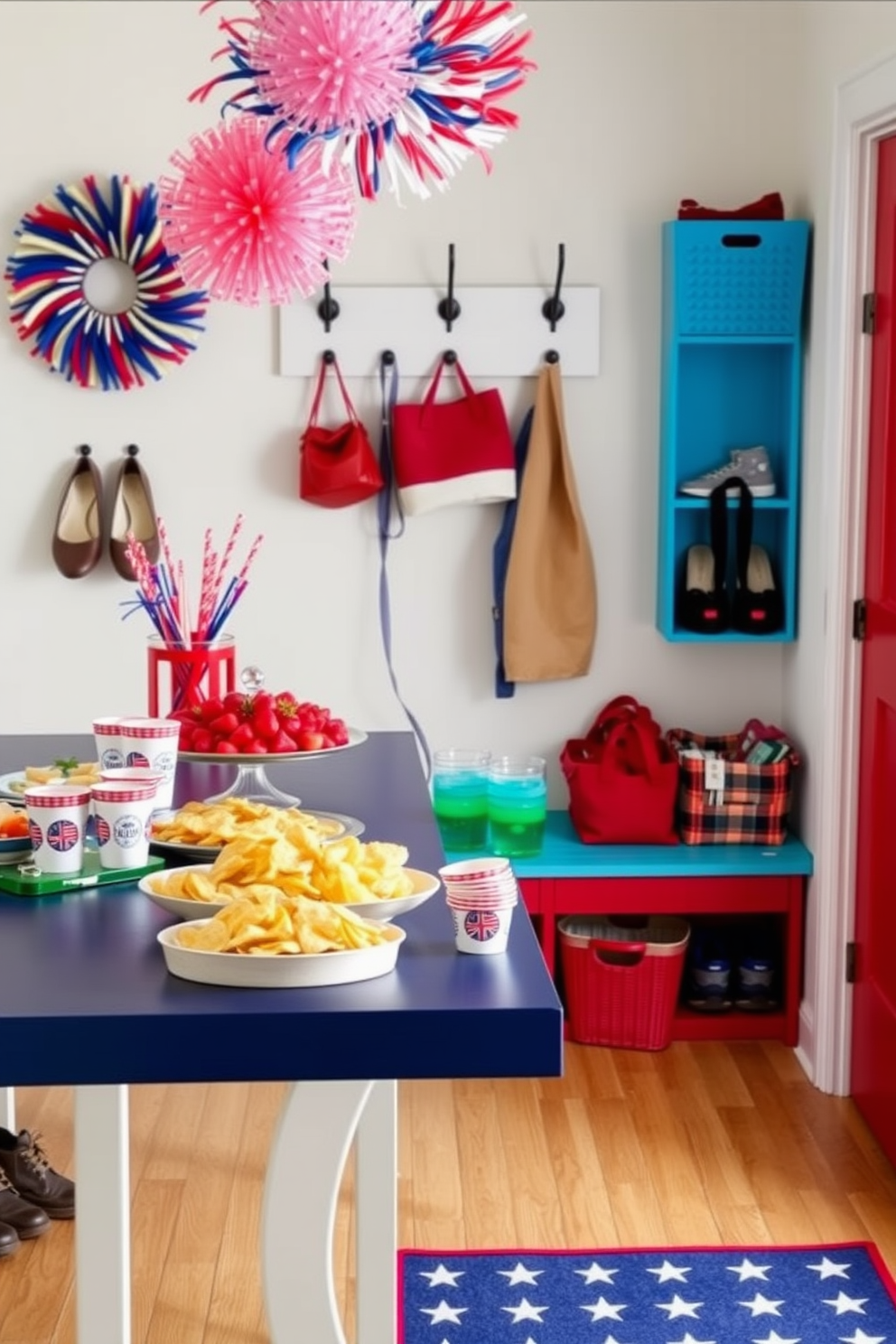 Colorful umbrellas are neatly arranged in a stylish mudroom designed for rainy days. The space features a patriotic theme with red white and blue accents along with decorative Independence Day elements.