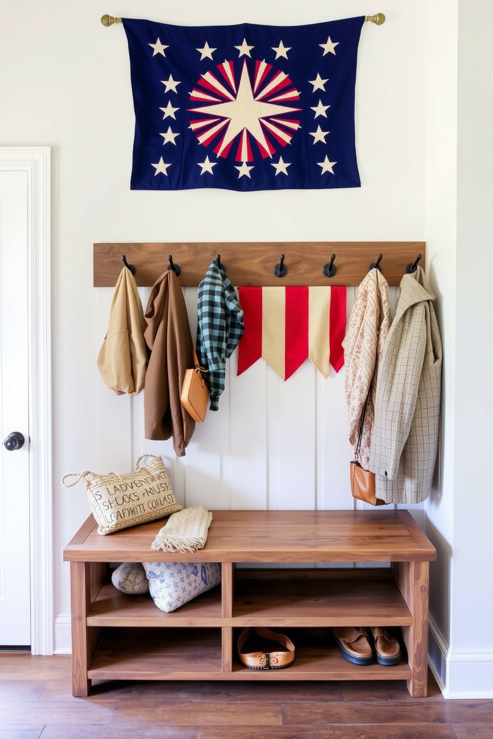 A mudroom featuring a star-spangled banner wall art that celebrates Independence Day. The space includes a rustic wooden bench with storage underneath and hooks for hanging jackets and bags.