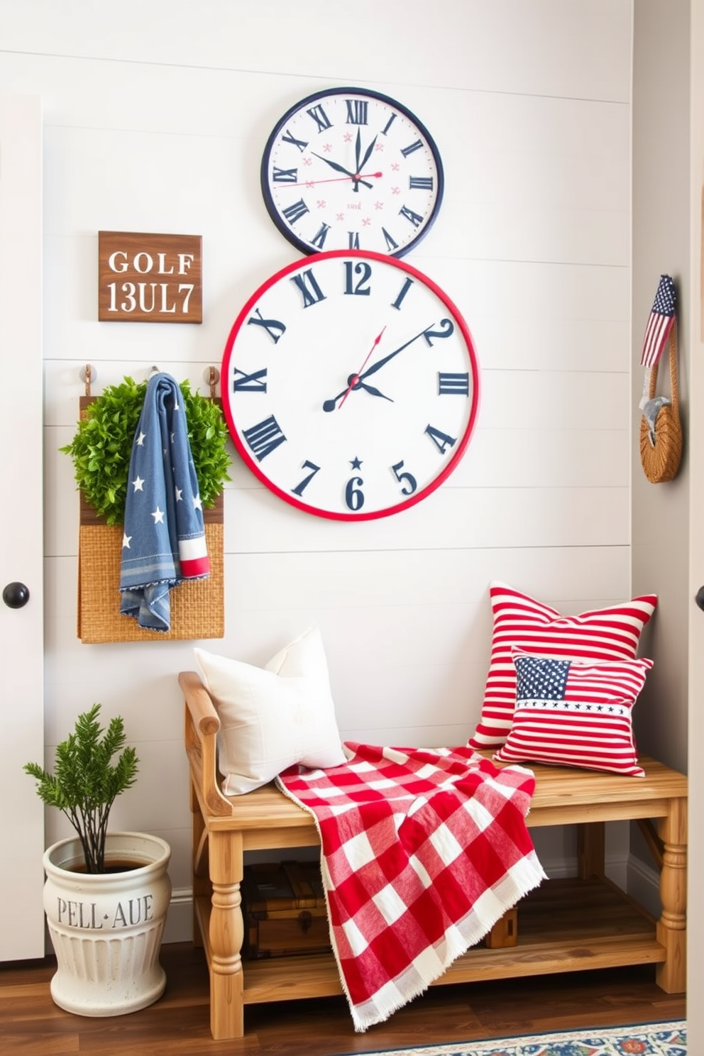 A Fourth of July themed wall clock is prominently displayed in the mudroom. The clock features red white and blue colors with stars and stripes elements creating a festive atmosphere. To enhance the Independence Day spirit the mudroom is decorated with patriotic accents. A rustic bench is adorned with a red and white checkered blanket and decorative pillows featuring American flags.