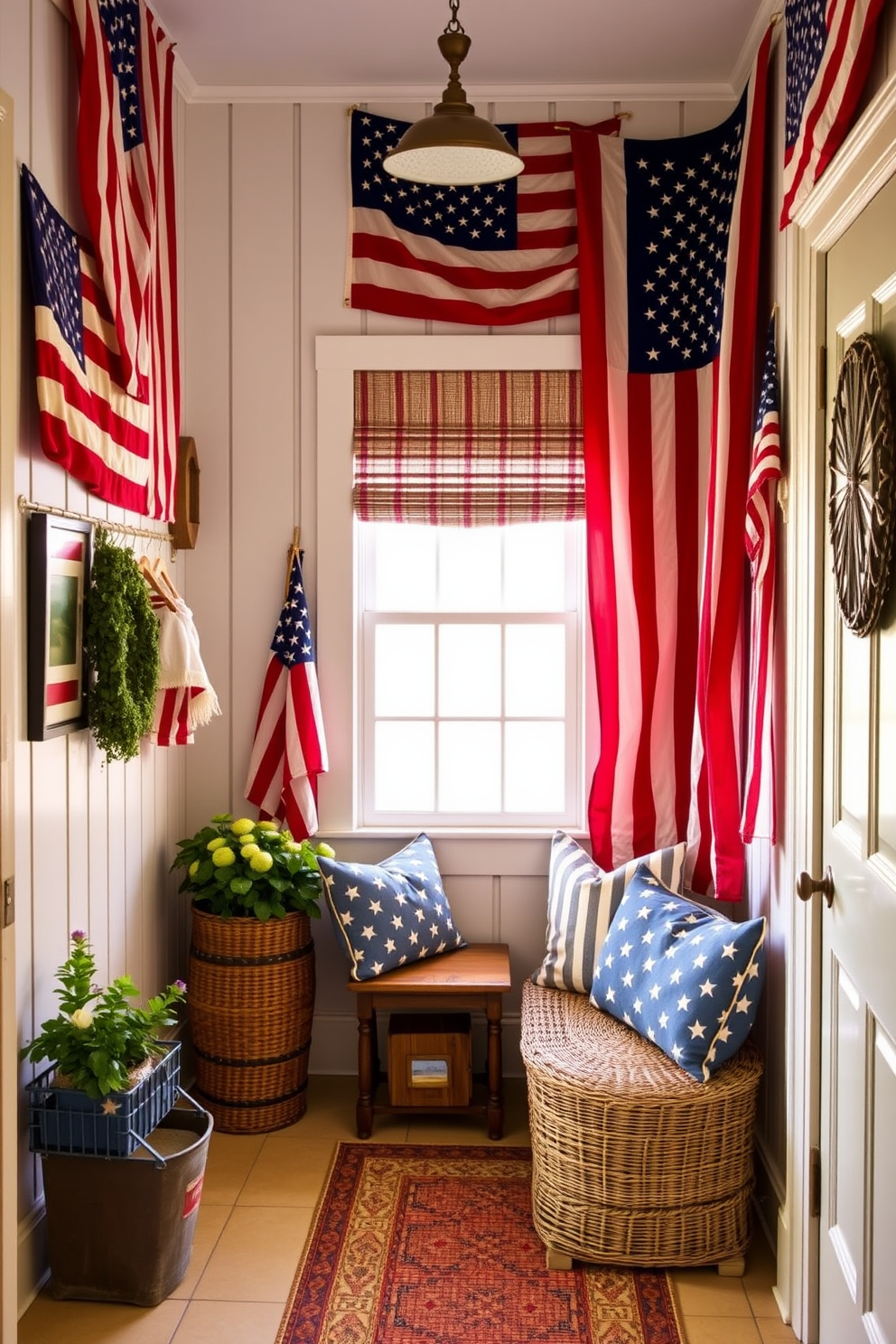 A rustic wood bench is adorned with vibrant patriotic cushions, creating a welcoming atmosphere for the Independence Day celebration. The mudroom features a cheerful color palette, with red, white, and blue accents that evoke a festive spirit.