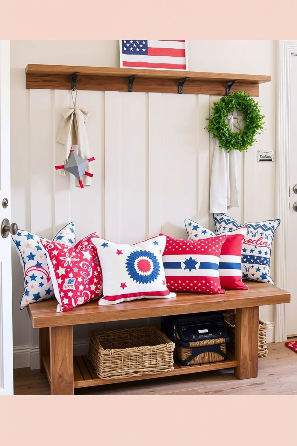 Festive throw pillows are arranged on rustic wooden benches, showcasing vibrant red, white, and blue patterns that celebrate Independence Day. The mudroom features a welcoming atmosphere with a cheerful display of stars and stripes, complemented by a subtle backdrop of neutral-toned walls and natural wood accents.