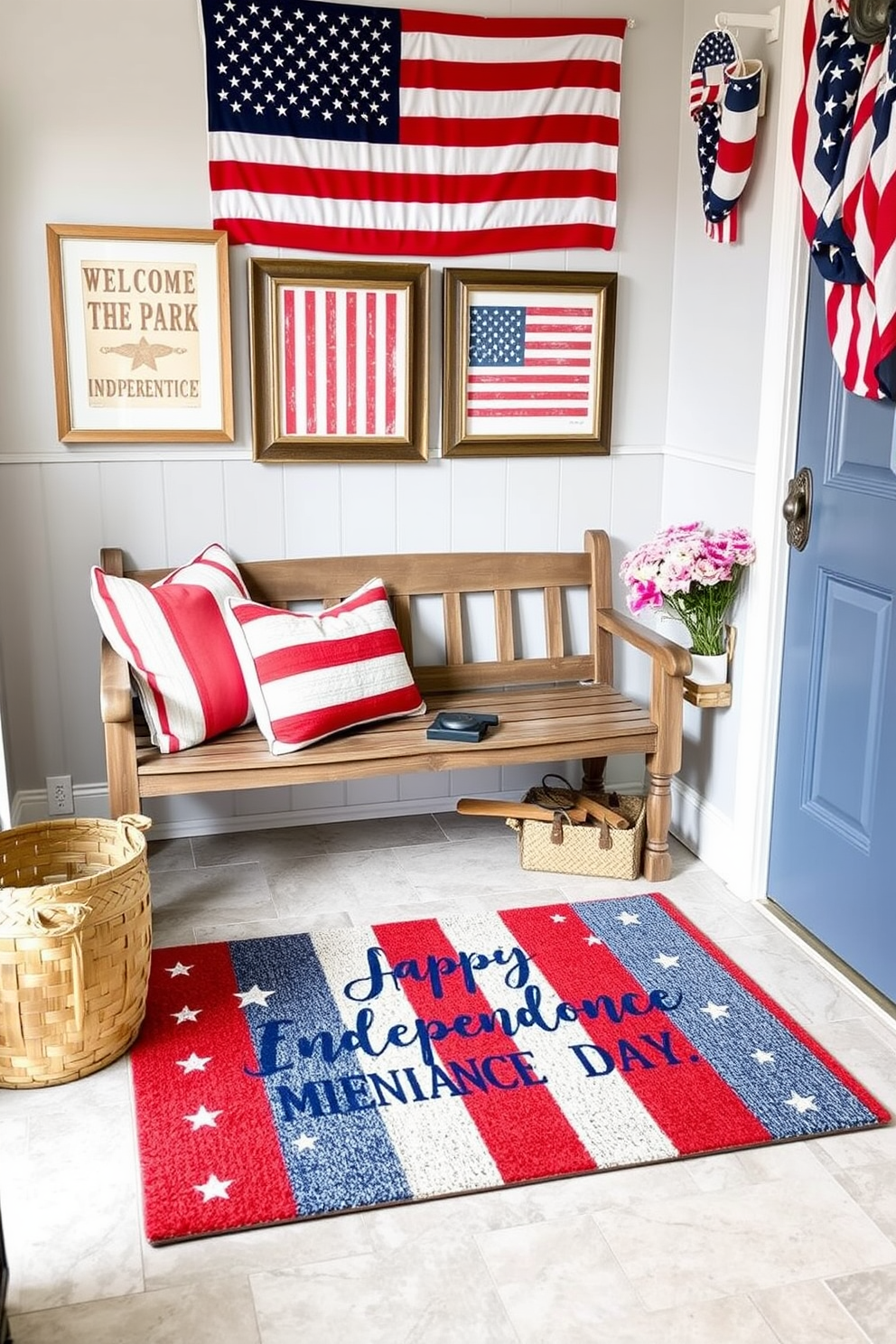 A festive welcome mat designed for Independence Day. The mat features vibrant red, white, and blue colors with stars and stripes, welcoming guests with a cheerful patriotic message. A cozy mudroom decorated in celebration of Independence Day. The space includes a rustic bench adorned with red and white striped cushions, and the walls are decorated with framed vintage American flags and bunting.