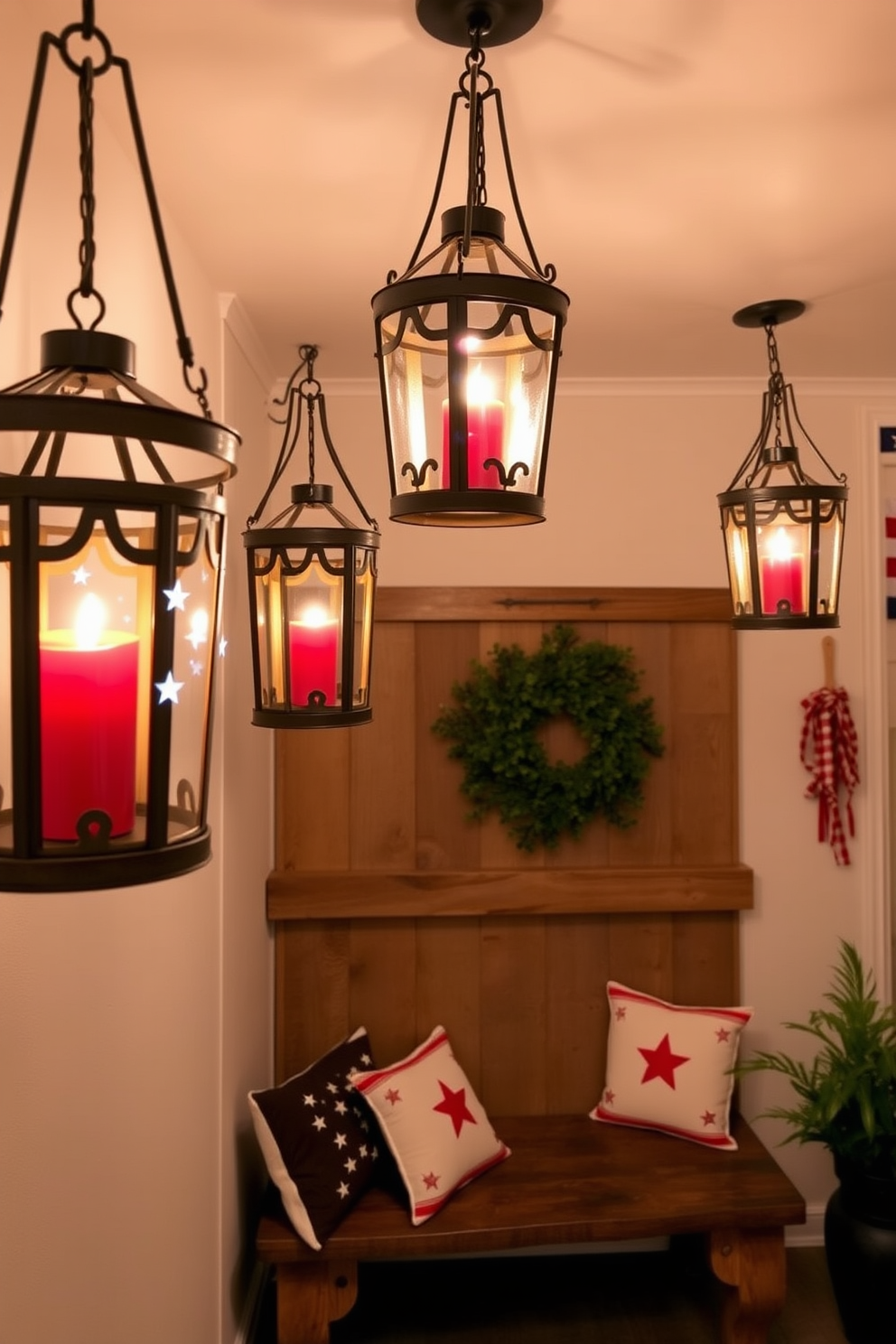 A cozy mudroom designed for functionality and style. The space features built-in wooden benches with plush cushions and hooks for coats, creating an inviting atmosphere. Framed quotes about freedom and independence adorn the walls, adding a personal touch. The decor incorporates patriotic colors with red, white, and blue accents, celebrating Independence Day.