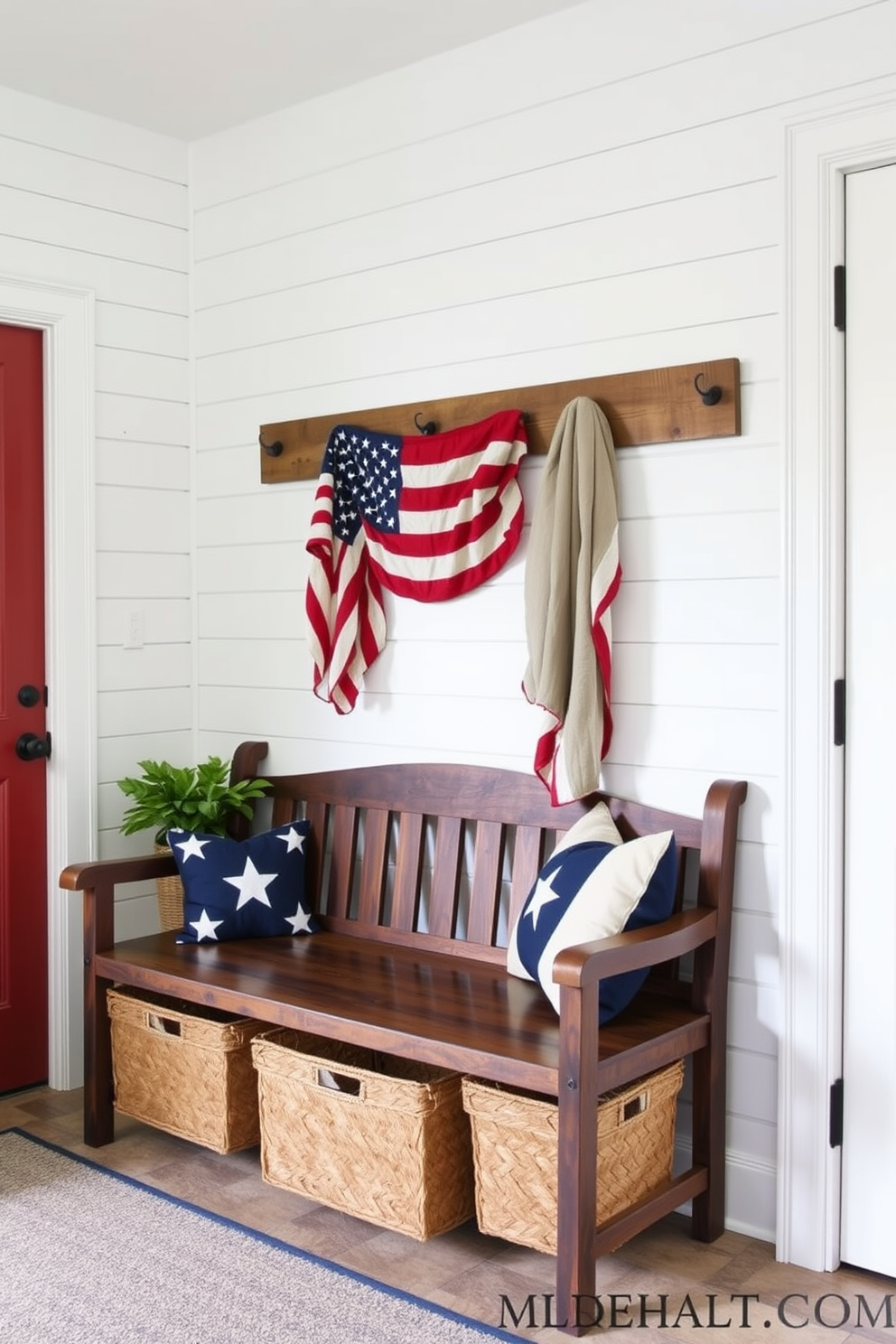 A rustic wood bench adorned with flag accents creates a warm and inviting atmosphere in the mudroom. The bench is complemented by a backdrop of shiplap walls painted in a soft white, enhancing the patriotic theme.