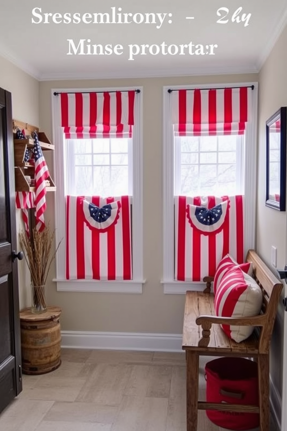 A festive seasonal wreath adorns the mudroom door, featuring vibrant red, white, and blue flowers and ribbons to celebrate Independence Day. Inside the mudroom, a rustic bench is paired with star-spangled cushions, and a small table displays patriotic decor items like flags and candles.