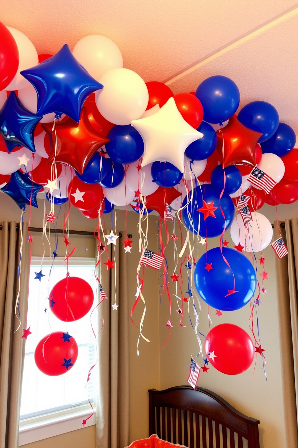 A festive nursery decorated for Independence Day features a vibrant red white and blue balloon garland draped across the ceiling. The walls are adorned with playful star and stripe patterns, creating a cheerful atmosphere for celebrating the holiday.