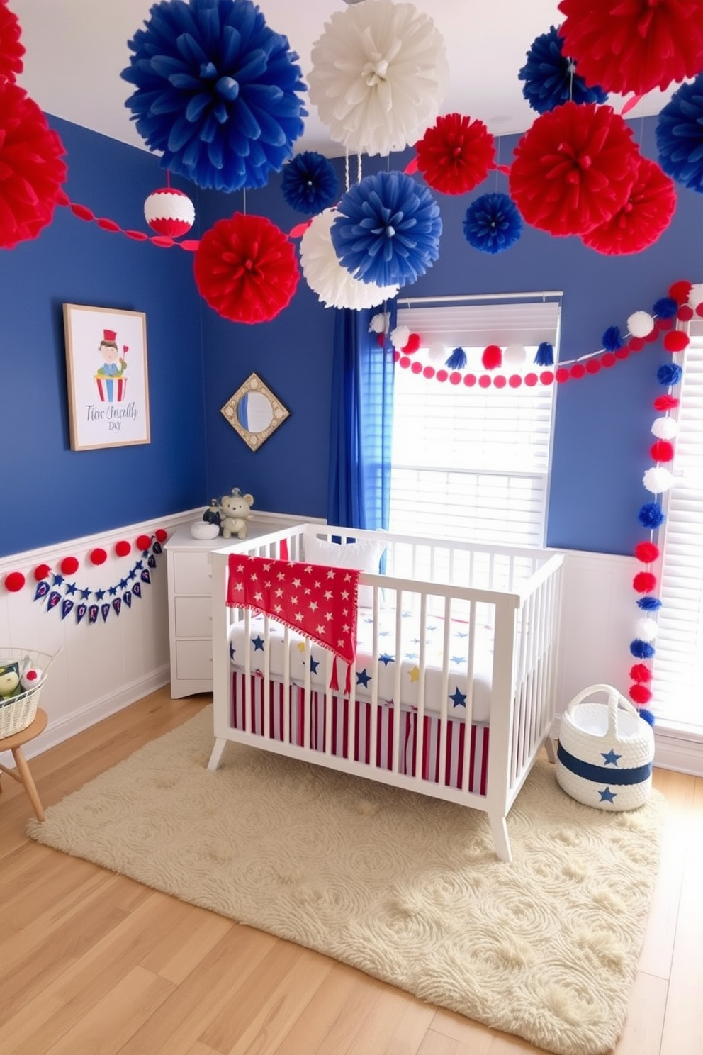 A cheerful nursery setting decorated for Independence Day. The walls are adorned with red white and blue pom pom decorations hanging from the ceiling and along the walls. A cozy crib is placed in the center of the room with a soft white bedding set featuring stars and stripes. A plush area rug in coordinating colors lies underneath the crib, providing a comfortable play space for children.