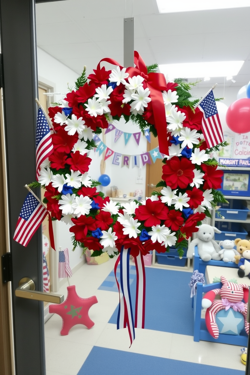 A vibrant patriotic wreath adorns the classroom door, showcasing red white and blue flowers and ribbons. The wreath is complemented by small American flags and stars to celebrate Independence Day. Inside the nursery, decorations reflect a festive theme with a mix of balloons and banners in patriotic colors. Soft toys and wall art featuring stars and stripes create a cheerful atmosphere for young learners.