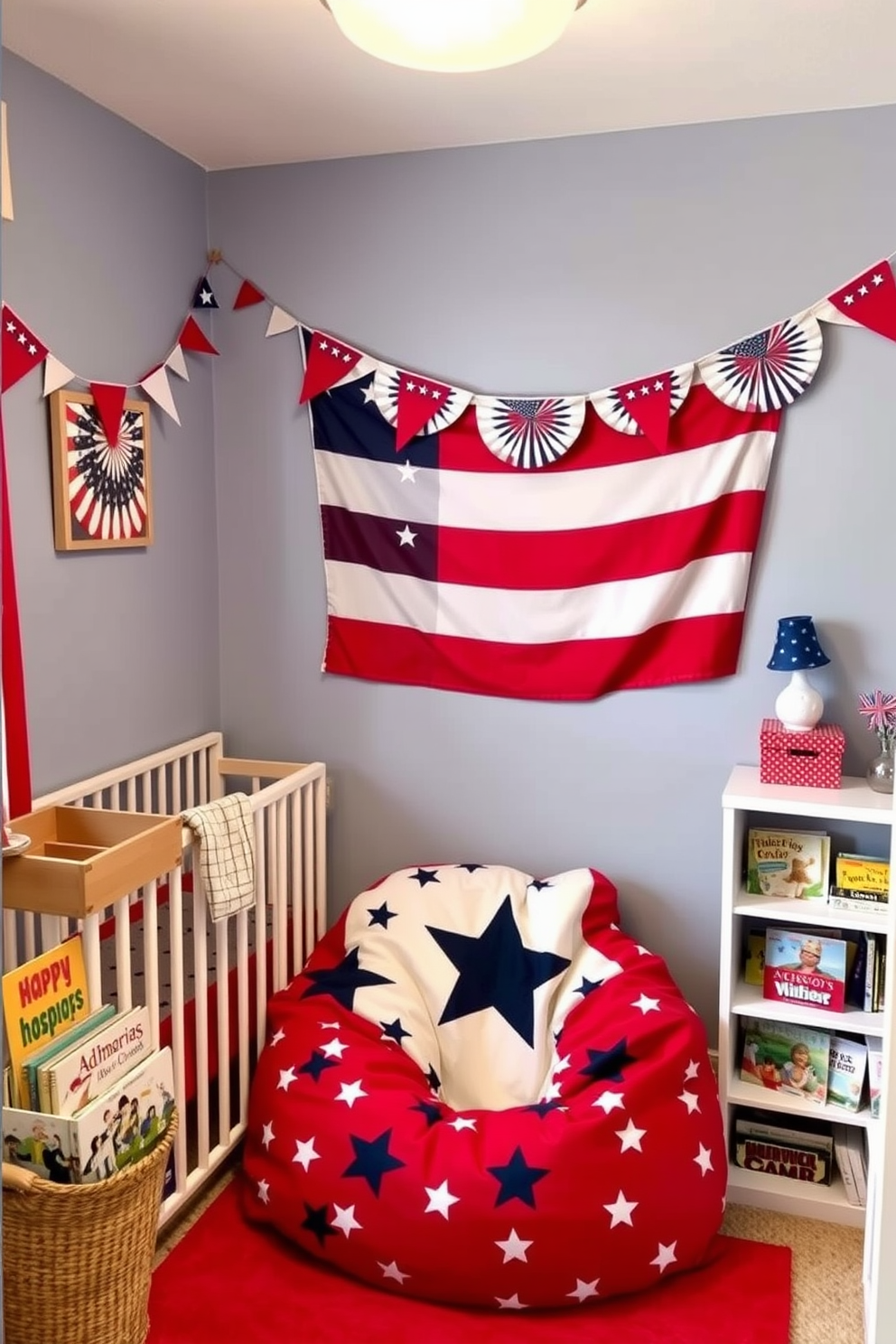 A charming nursery corner celebrating Independence Day. The walls are adorned with red, white, and blue flags, creating a festive atmosphere. A cozy reading nook features a soft, oversized bean bag in a star-patterned fabric. Nearby, a small bookshelf is filled with children's books about American history and culture.