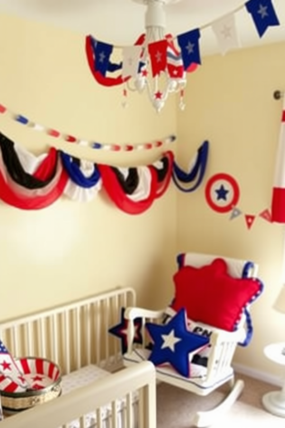 A cheerful nursery decorated for Independence Day features colorful bunting strung along the walls in red, white, and blue. The room is filled with playful patriotic accents, including star-shaped pillows and a cozy rocking chair in the corner.