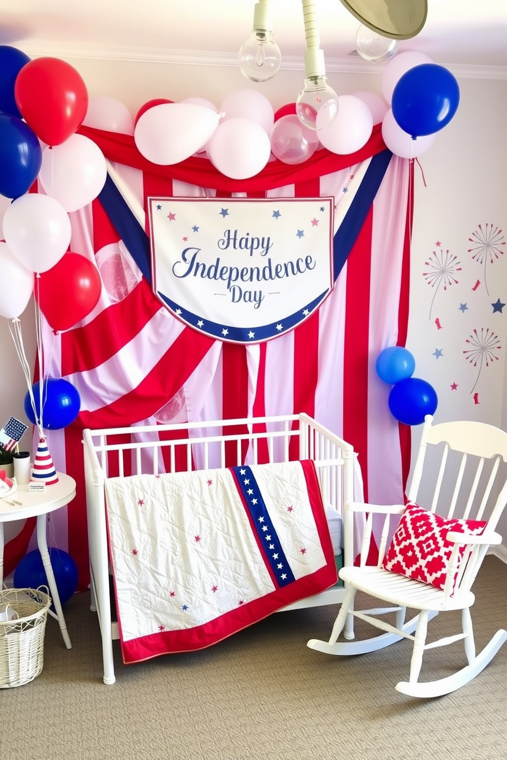 Independence Day photo booth backdrop featuring a large red white and blue banner with stars and stripes. The backdrop is adorned with festive balloons in various sizes and a table with props like hats and sparklers. Independence Day nursery decorating ideas include a cozy corner with a crib draped in a soft red white and blue quilt. Wall decals of stars and fireworks create a playful atmosphere while a rocking chair in white adds a touch of elegance.