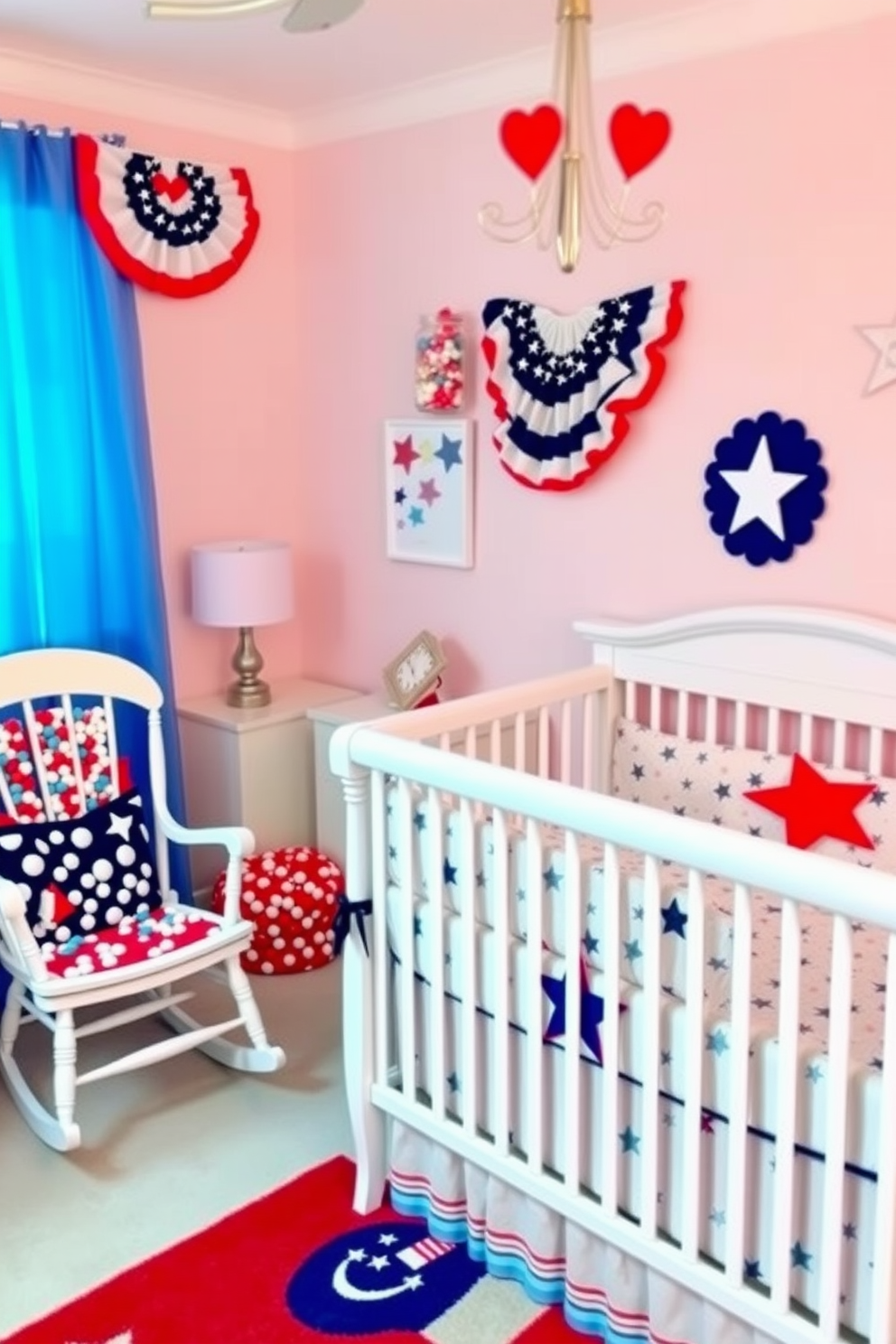 A charming nursery setting themed around Independence Day. The room features decorative jars filled with colorful candies in red, white, and blue, adding a festive touch to the decor. Soft pastel walls create a calming atmosphere, while a cozy rocking chair sits in the corner. A playful crib adorned with star-patterned bedding completes the patriotic look, inviting a sense of joy and celebration.