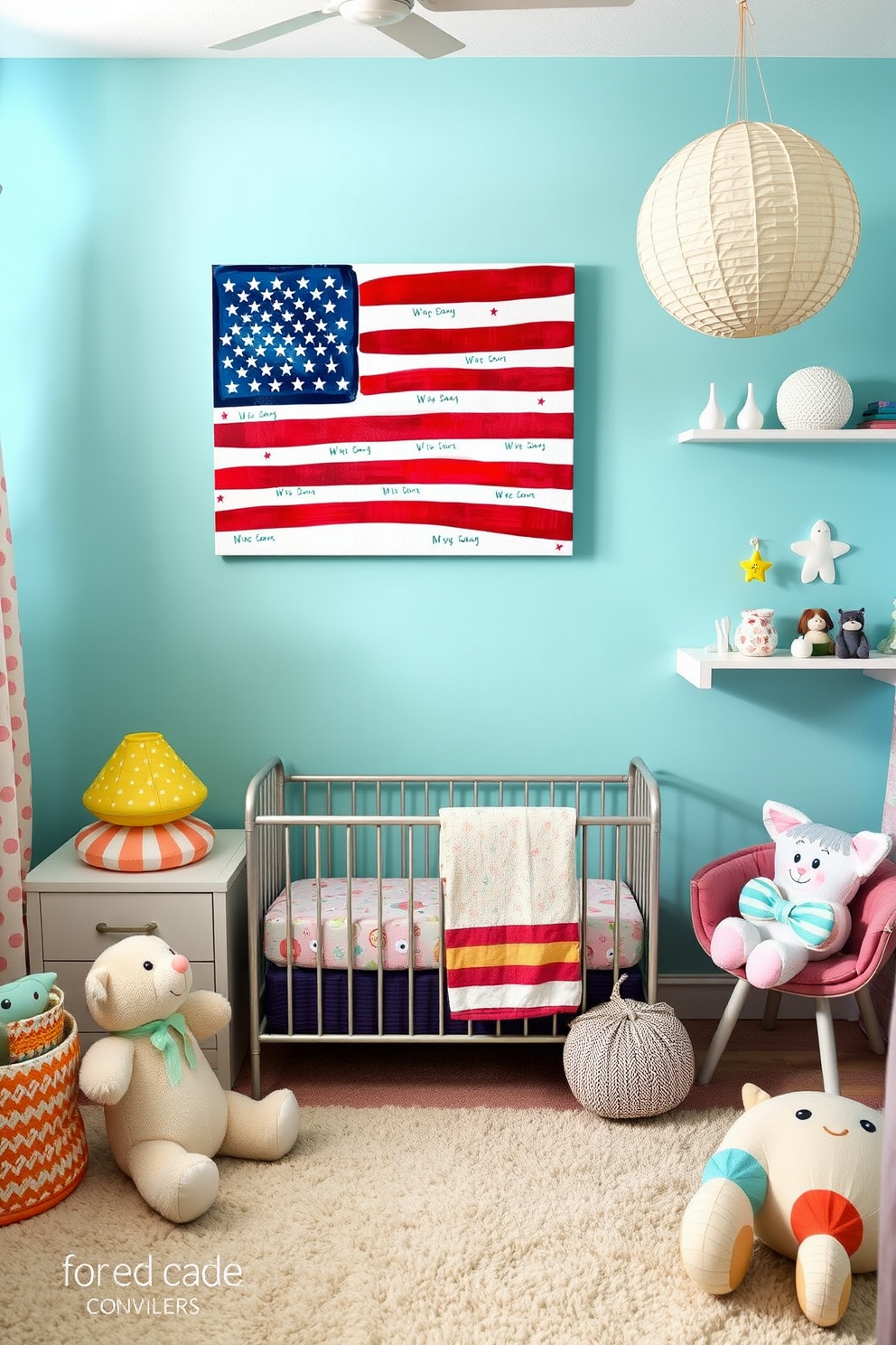 A vibrant canvas painting featuring a creative interpretation of the American flag with bold colors and playful patterns. The artwork is designed to evoke a sense of patriotism while adding a cheerful touch to a nursery space. The nursery is adorned with soft pastel colors and whimsical decor elements that complement the flag painting. Cozy furnishings and plush toys create a warm and inviting atmosphere perfect for a child's room.