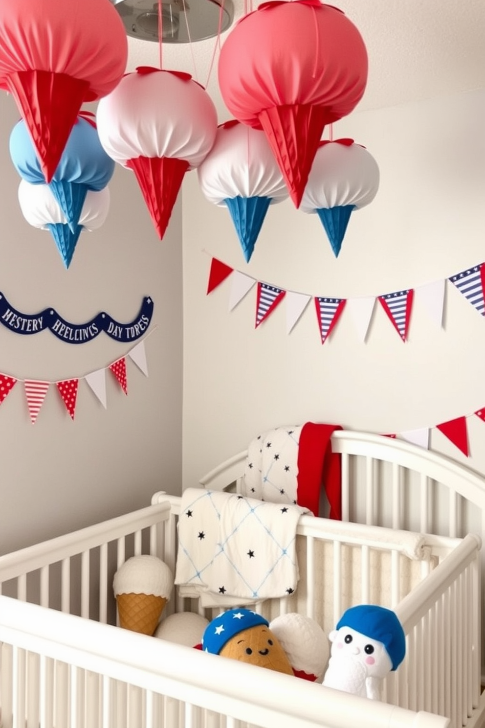 A festive nursery setting celebrating Independence Day. There are tricolor ice cream cone decorations hanging from the ceiling, creating a playful atmosphere. The walls are adorned with red, white, and blue bunting, while a cozy reading nook features a soft blanket in patriotic colors. Plush toys in the shape of ice cream cones are scattered around the room, adding to the cheerful decor.