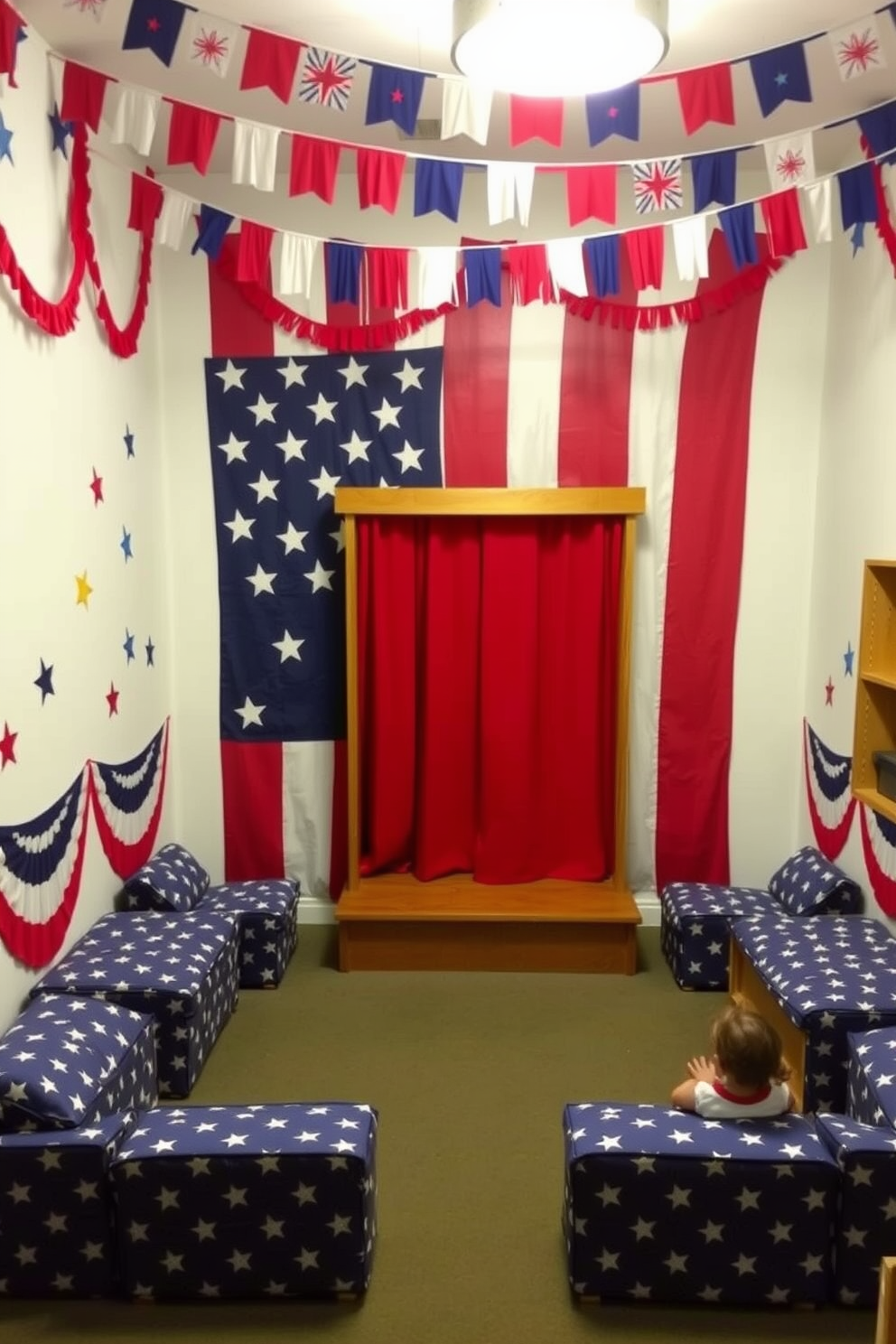 Create a vibrant puppet show area designed for a nursery with a patriotic theme. The backdrop features a large American flag mural, and colorful bunting made from red, white, and blue fabric hangs from the ceiling. In the center, a small wooden stage is set up with a red curtain that can be drawn back for performances. Surrounding the stage, plush seating in star-patterned fabric provides a cozy spot for children to enjoy the show.