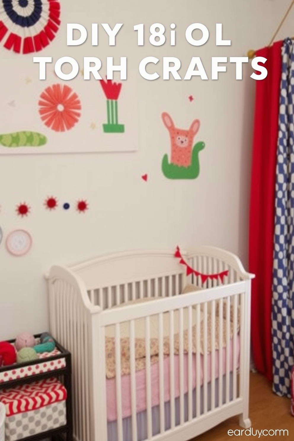 A cozy nursery featuring flag patterned baby blankets draped over a soft rocking chair. The walls are painted in a light blue hue, and a small bookshelf filled with children's books sits in the corner. A crib adorned with red, white, and blue accents is positioned near a window with sheer white curtains. A playful mobile hangs above the crib, adding a whimsical touch to the Independence Day theme.