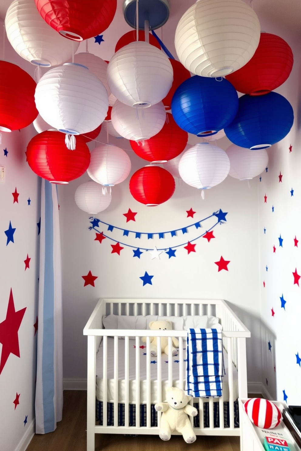 Create a whimsical nursery decorated for Independence Day featuring red white and blue paper lanterns hanging from the ceiling. The walls are adorned with playful star and stripe patterns while a cozy crib sits in the center surrounded by soft plush toys.